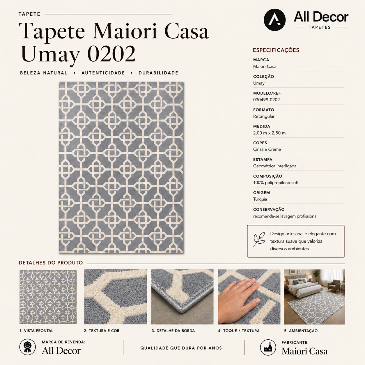 Tapete Maiori Casa Umay Turco Cinza e Creme Geométrico Retangular 2,00 x 2,50 m
