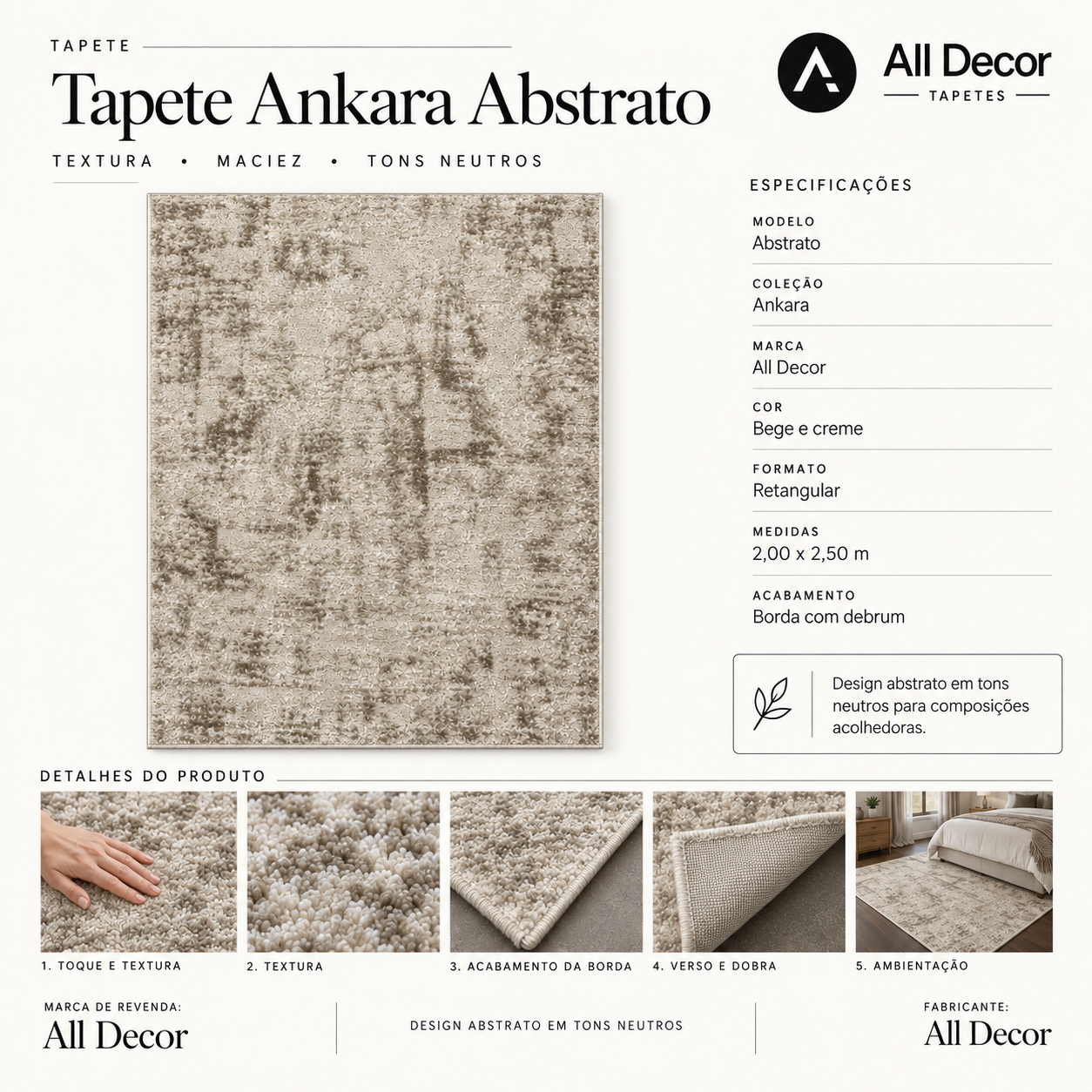 Tapete All Decor Ankara Turco Abstrato Texturizado Bege e Creme Retangular