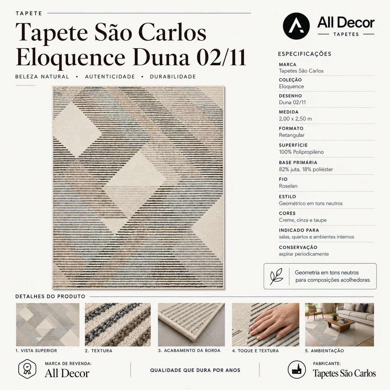 Tapete São Carlos Eloquence Duna Brasileiro Creme e Cinza Retangular 2,00 x 2,50 m