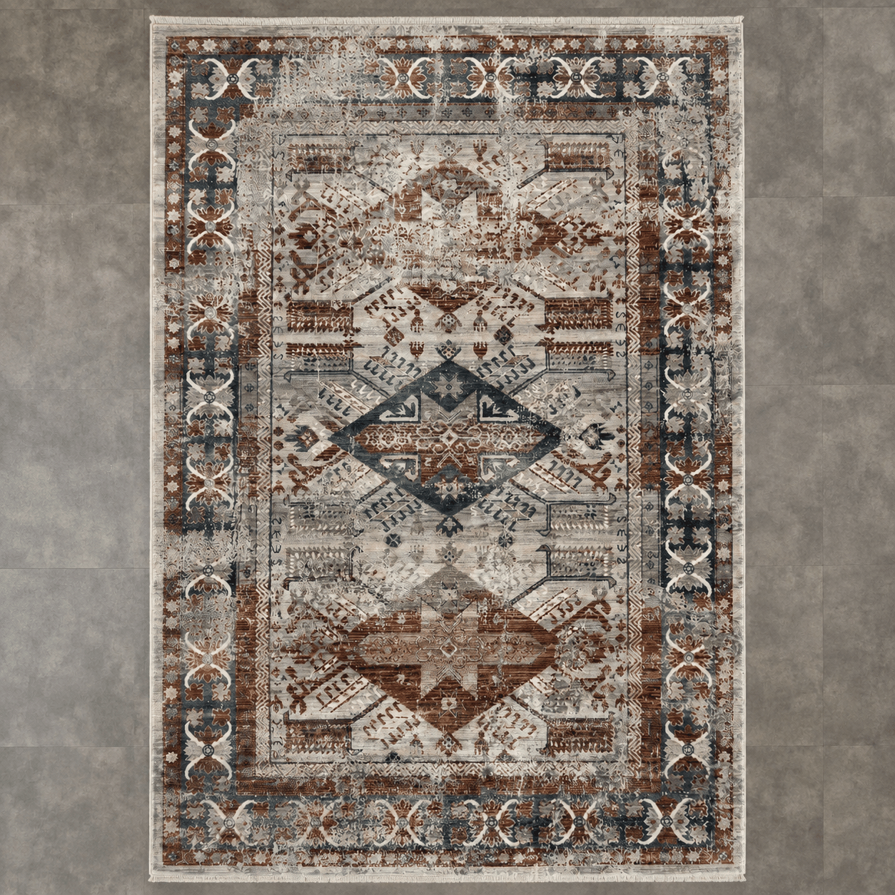 Tapete All Decor Mahali Kazak Turco Clássico Cream e Cinza Retangular