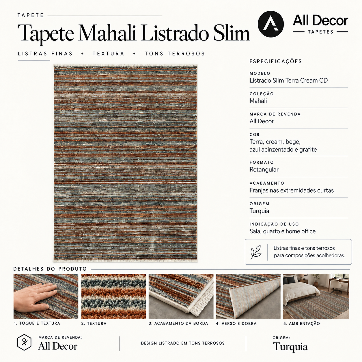 Tapete All Decor Mahali Listrado Slim Terra Cream Turco Terra Creme e Grafite Retangular