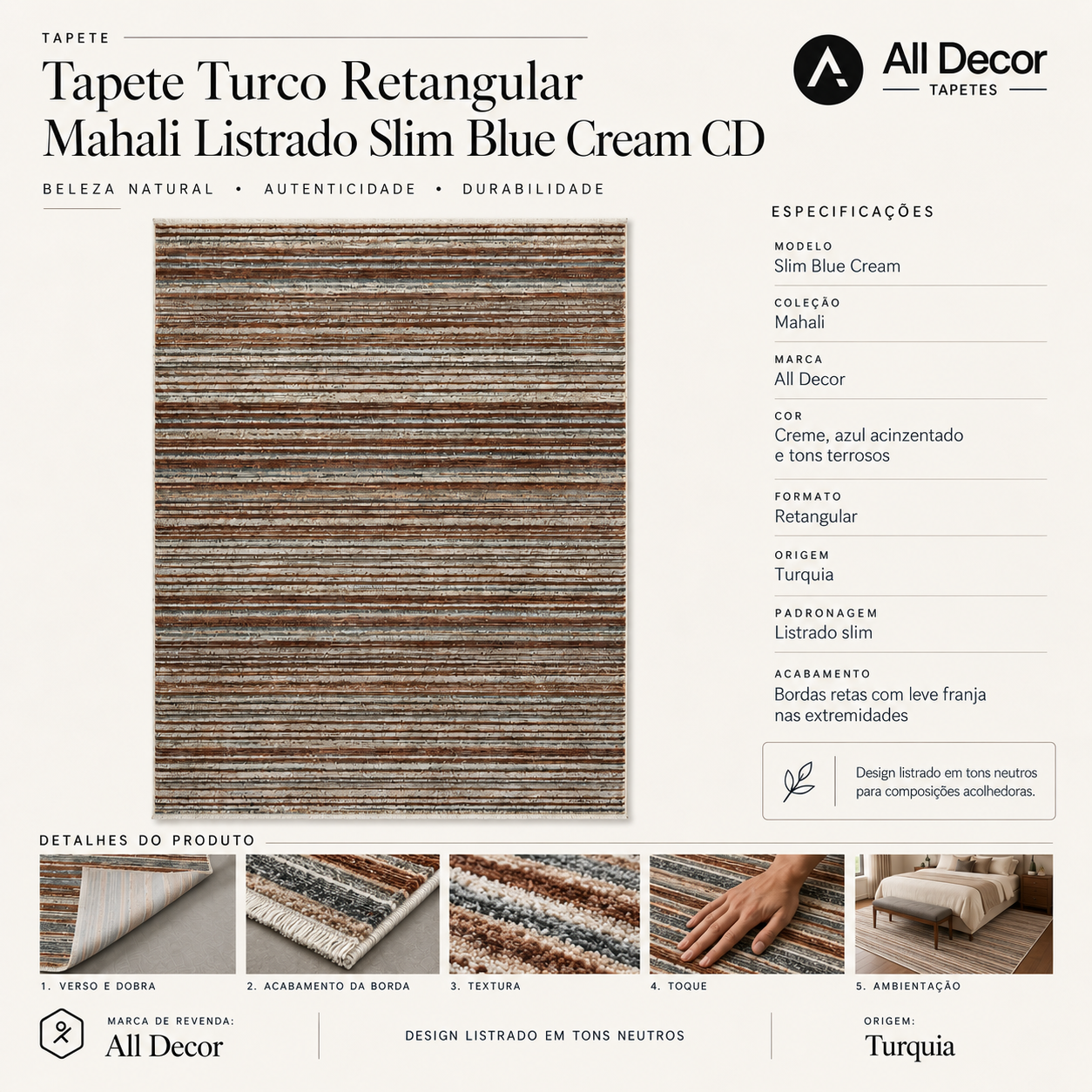 Tapete Mahali Slim Blue Cream Turco Listrado Creme Azul Acinzentado e Terroso Retangular