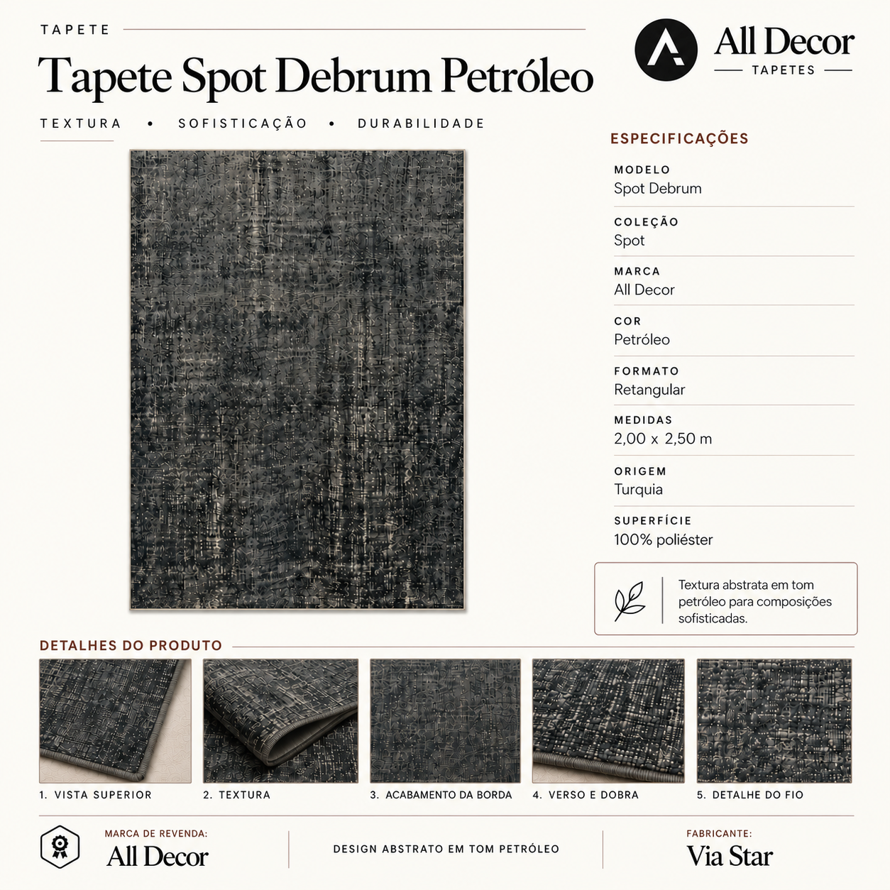 Tapete Via Star Spot Turquia Petróleo Texturizado com Debrum Retangular 2,00 x 2,50 m