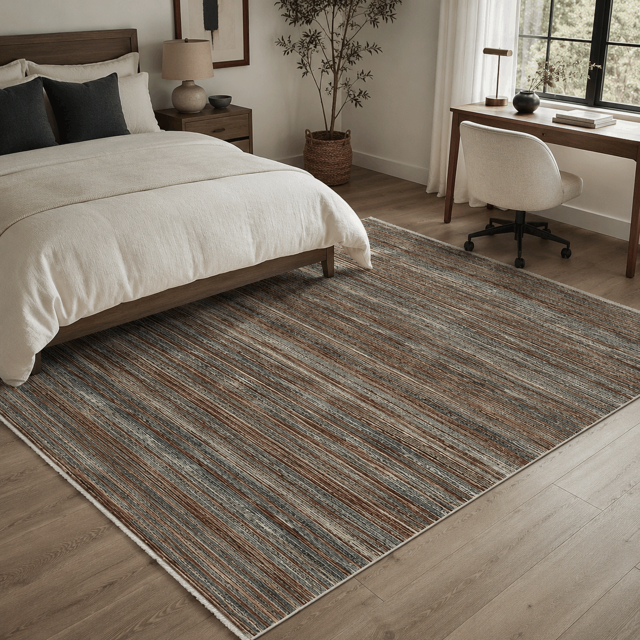 Tapete All Decor Mahali Listrado Slim Terra Cream Turco Terra Creme e Grafite Retangular