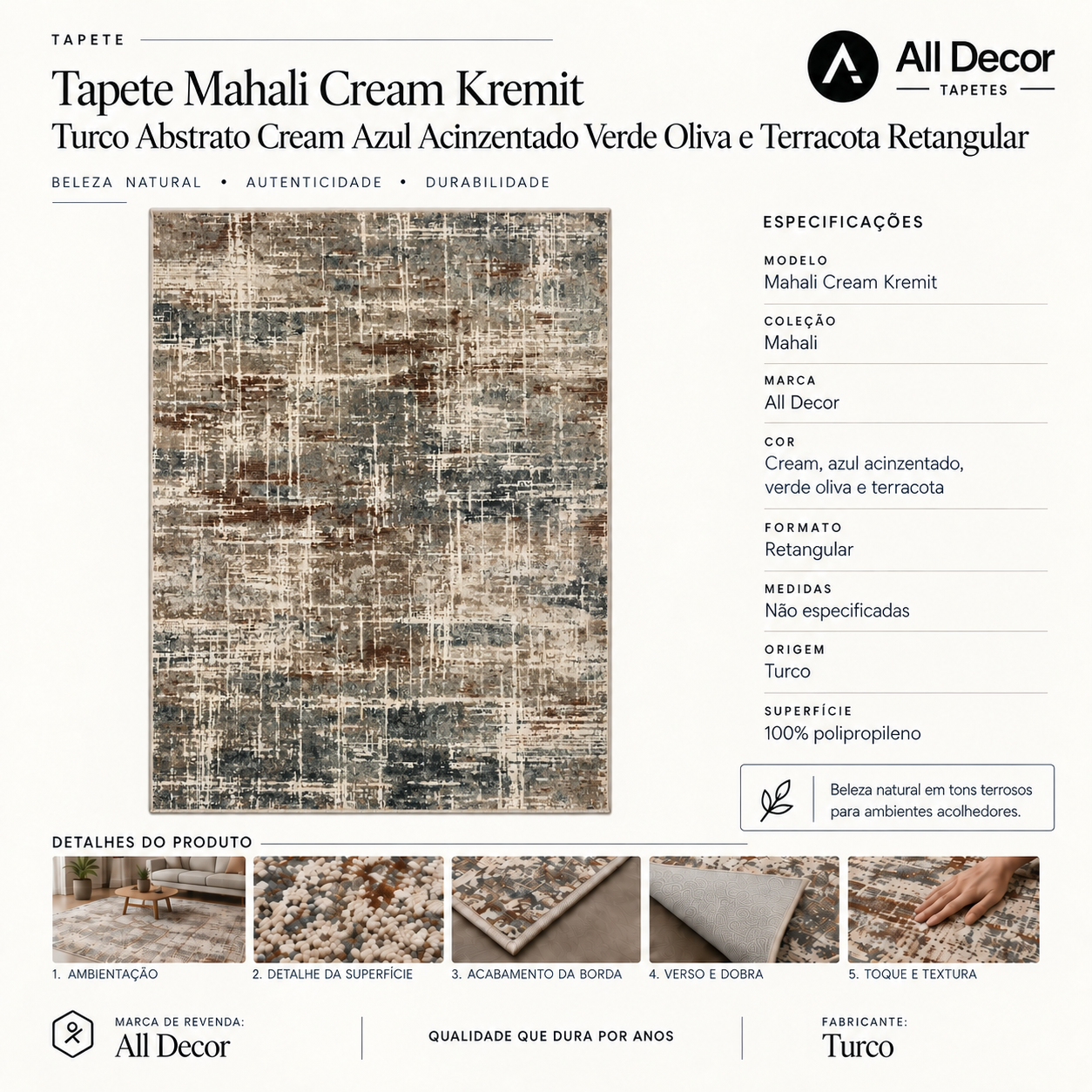 Tapete Mahali Cream Kremit Turco Abstrato Cream Azul Acinzentado Verde Oliva e Terracota Retangular