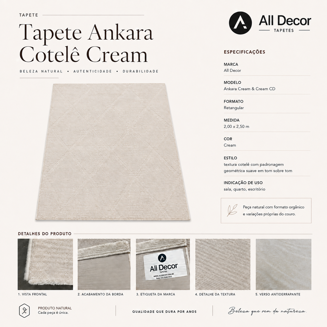 Tapete All Decor Turco Ankara Cotelê Cream & Cream Retangular 2,00 × 2,50 m