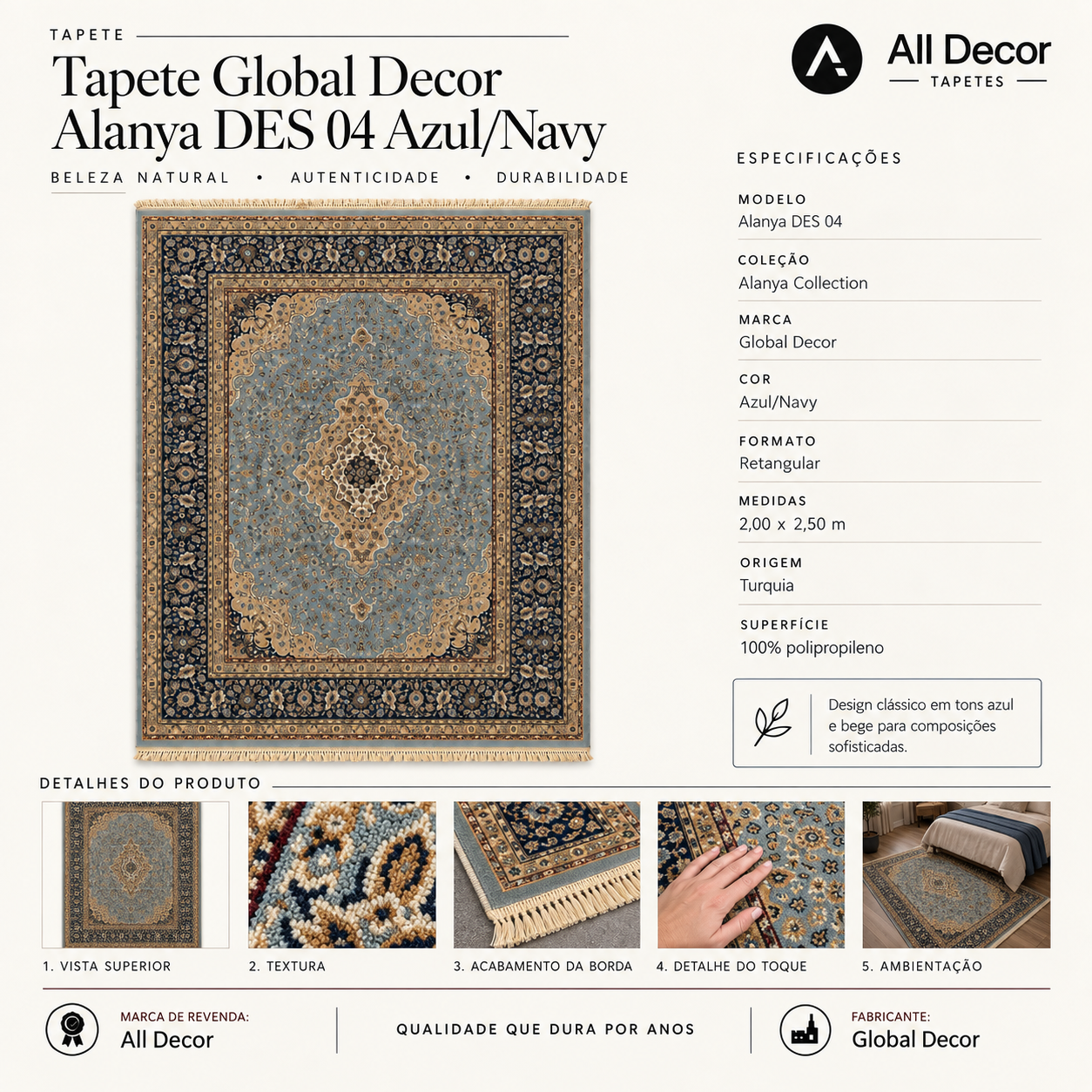 Tapete Global Decor Alanya Turco Azul Persa Retangular 2,00 x 2,50 m