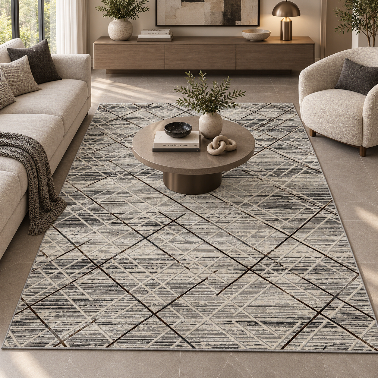 Tapete Edantex Carrara Turco Geométrico Cinza e Off White Retangular