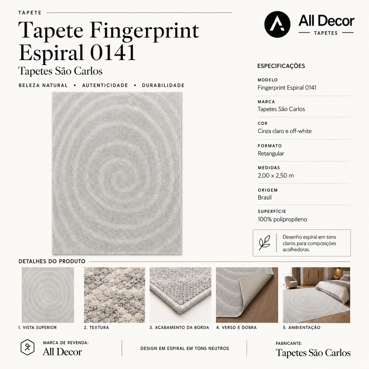 Tapete São Carlos Fingerprint Espiral Brasileiro Bege e Prata Retangular 2,00 x 2,50 m