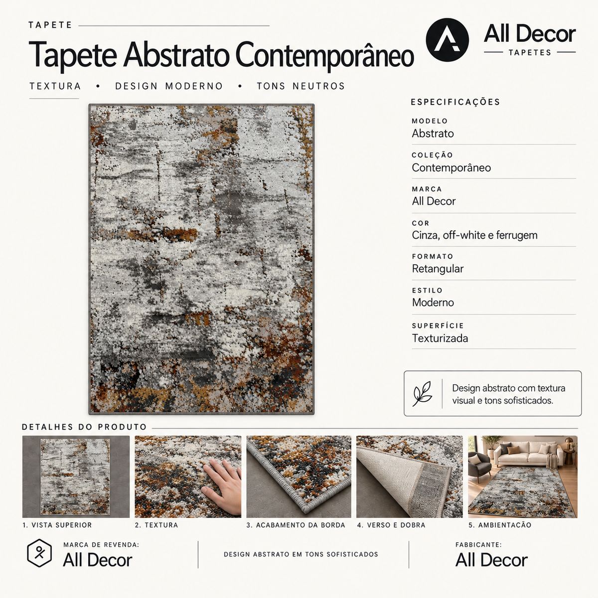 Tapete Edantex Carrara Turco Abstrato Cinza Pigmento Dourado Retangular 2,00 x 2,50 m