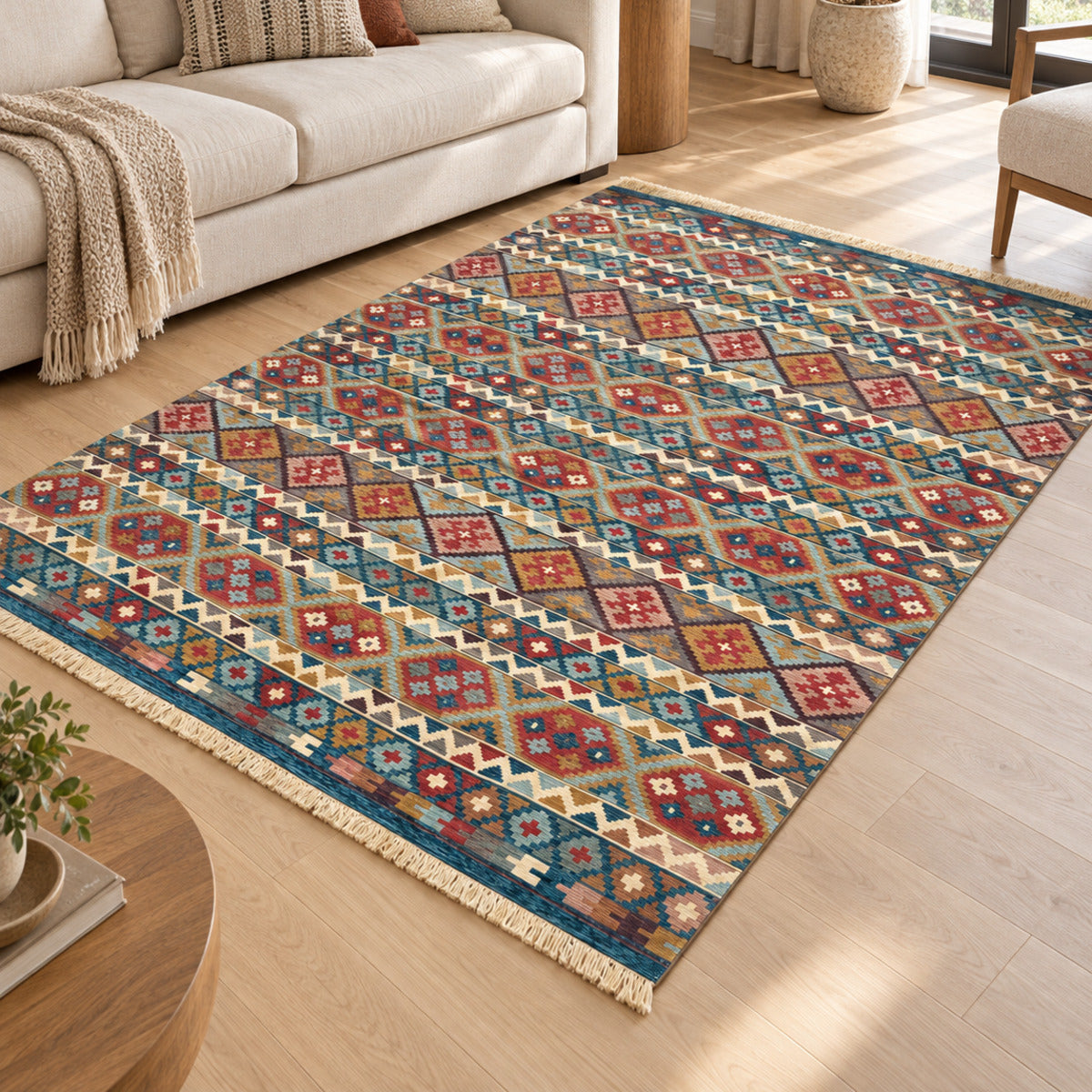 Tapete Buchara Ravena Kilim Turco Tribal Essence Azul Multicolorido Retangular