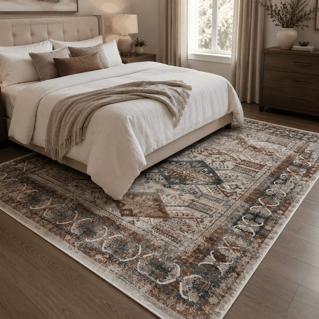 Tapete All Decor Mahali Kazak Turco Clássico Cream e Cinza Retangular