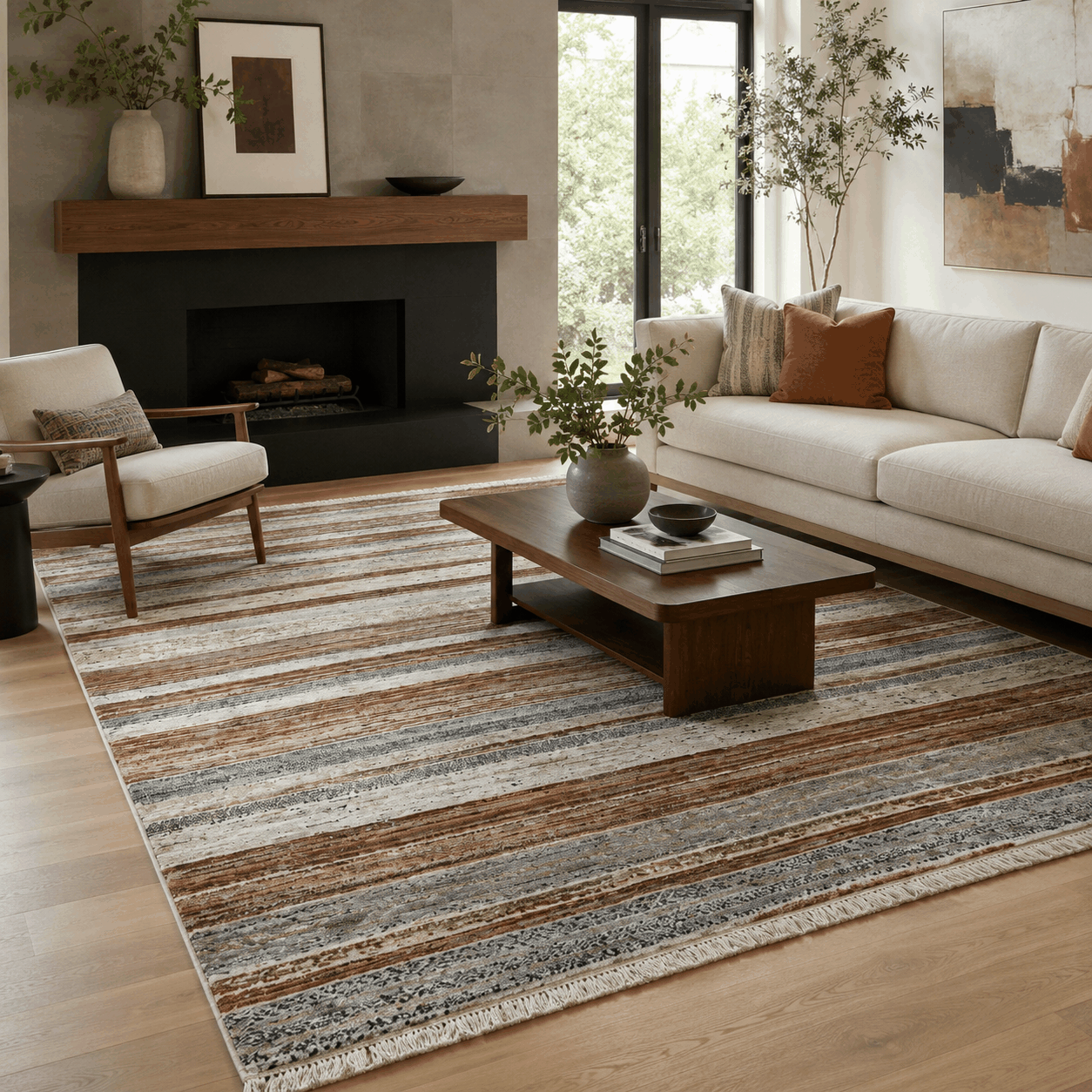 Tapete All Decor Mahali Listrado Terra Cream CD Turco Terra Creme e Cinza Retangular