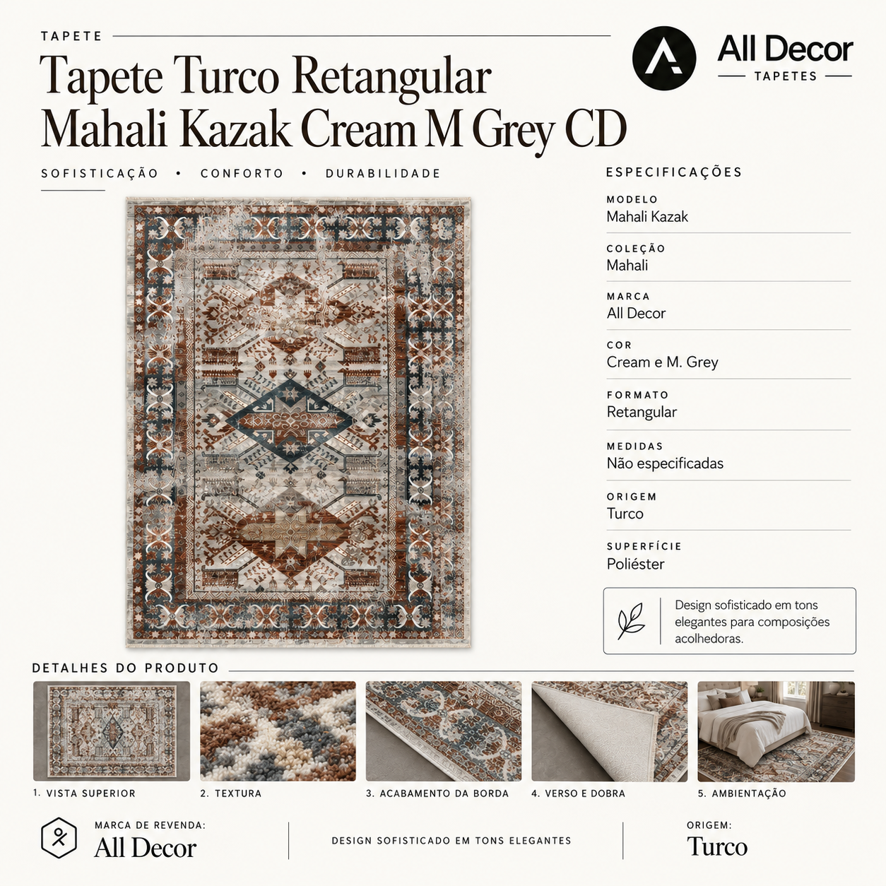 Tapete All Decor Mahali Kazak Turco Clássico Cream e Cinza Retangular