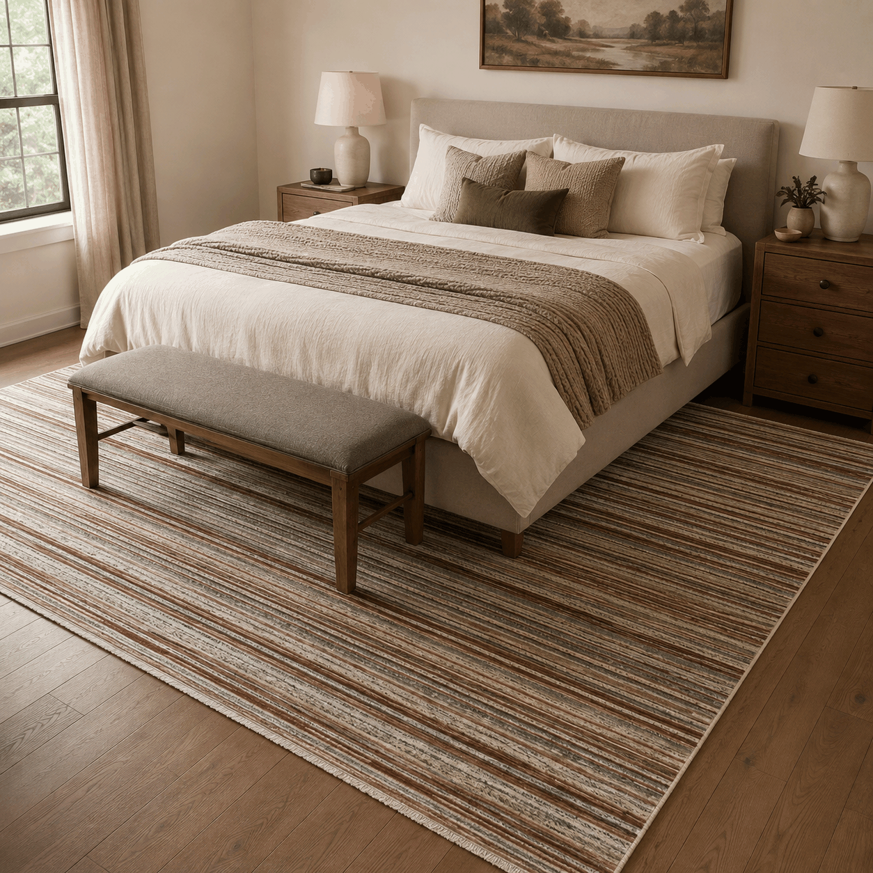 Tapete Mahali Slim Blue Cream Turco Listrado Creme Azul Acinzentado e Terroso Retangular