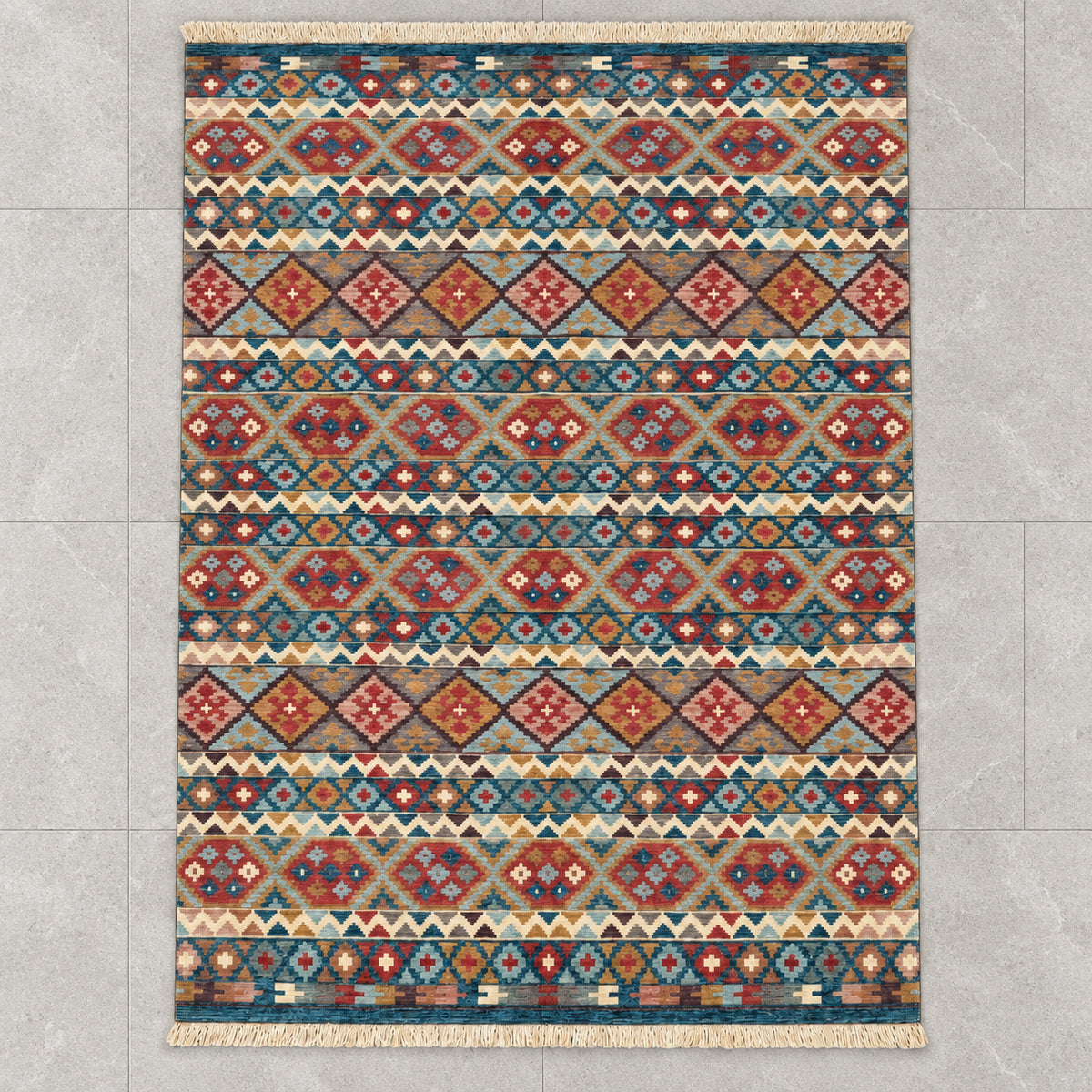 Tapete Buchara Ravena Kilim Turco Tribal Essence Azul Multicolorido Retangular