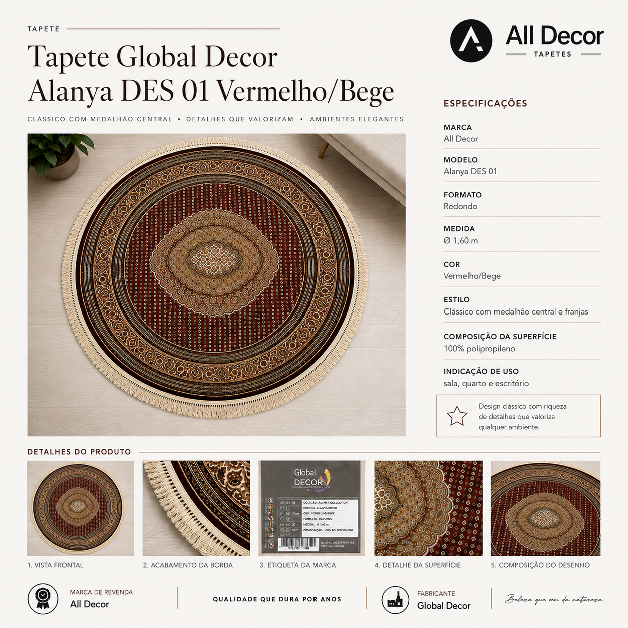 Tapete Global Decor Alanya Turco Vermelho e Bege Persa Redondo 1,60 m
