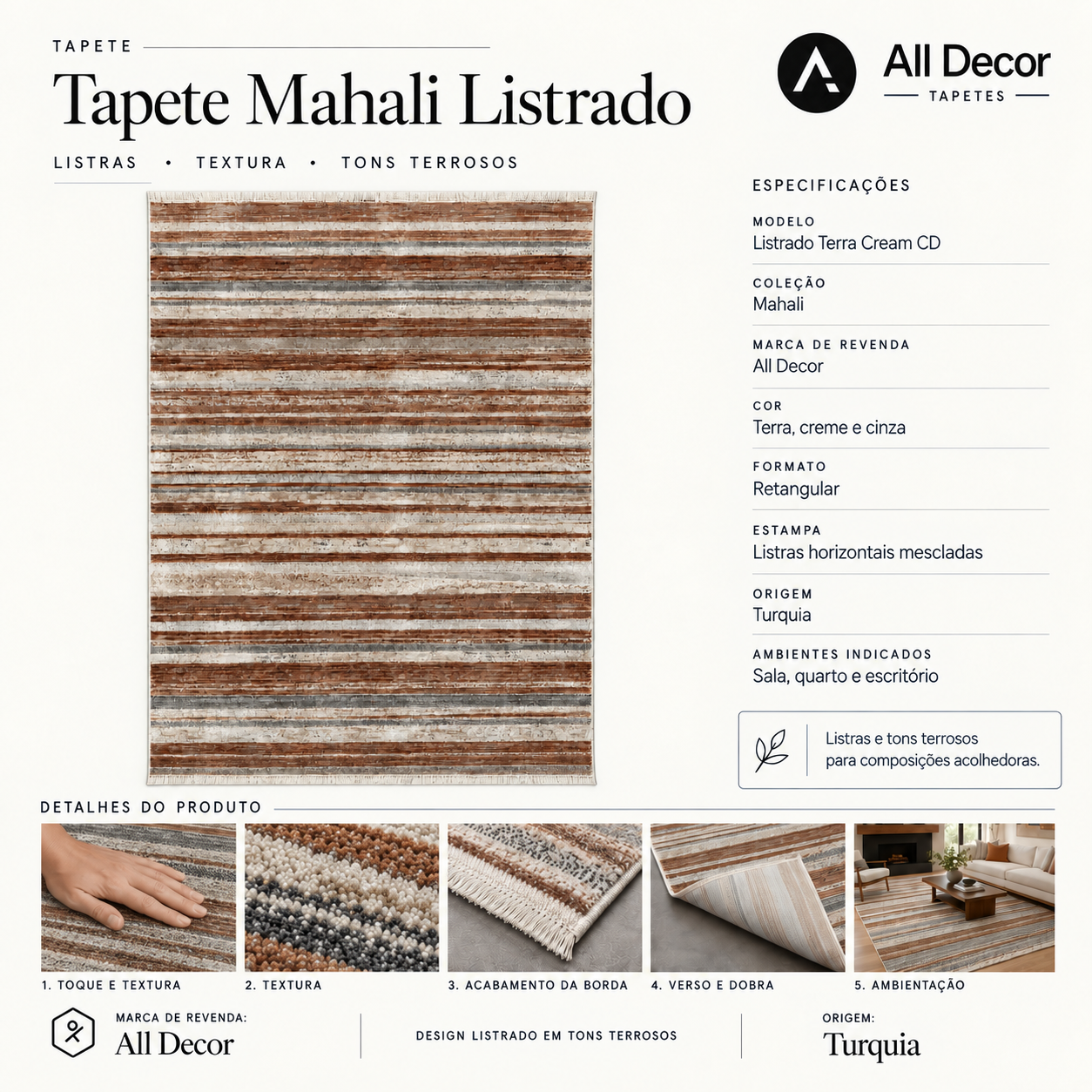 Tapete All Decor Mahali Listrado Terra Cream CD Turco Terra Creme e Cinza Retangular
