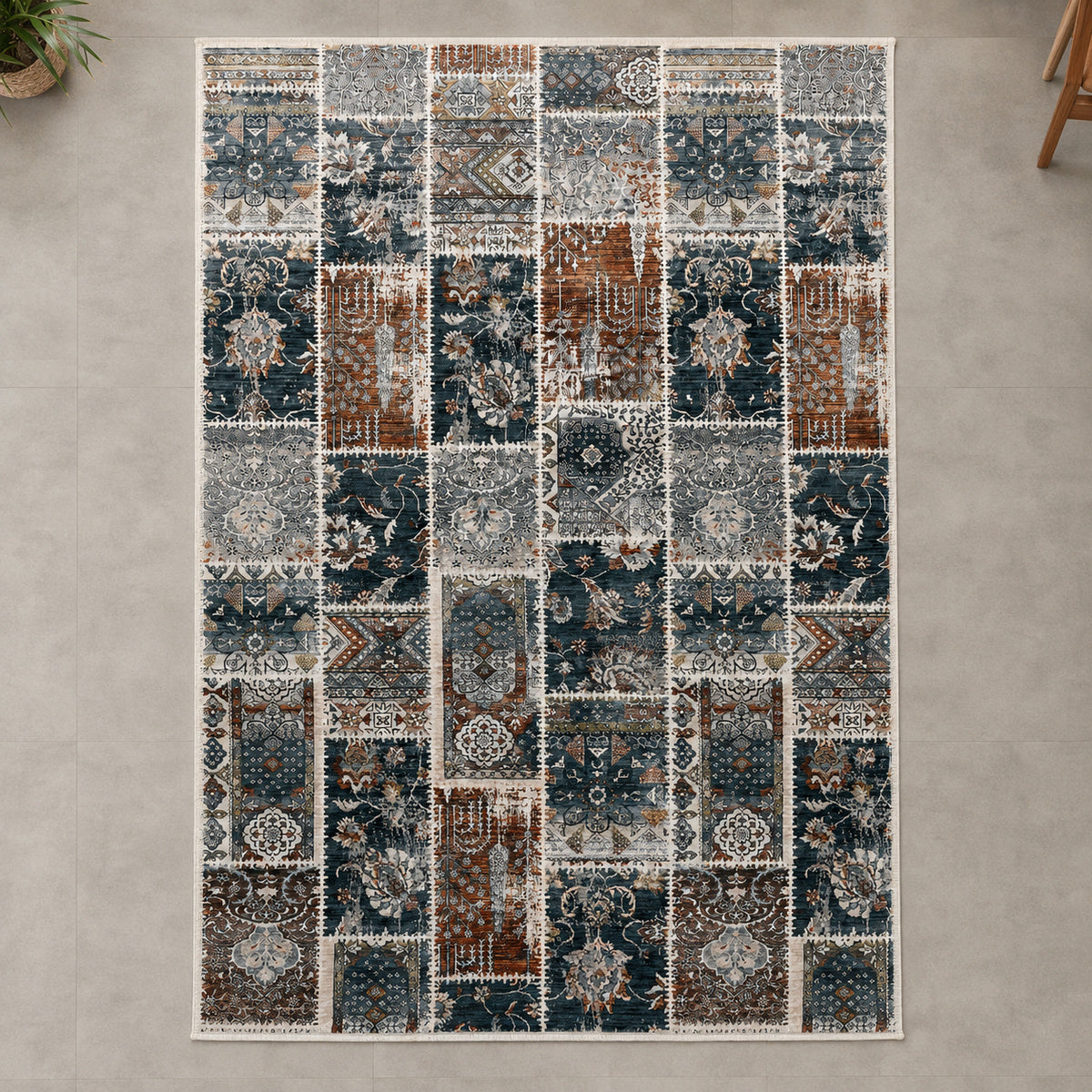 Tapete All Decor Mahali Patchwork M. Blue Cream Turco Azul Acinzentado Creme e Ferrugem Retangular