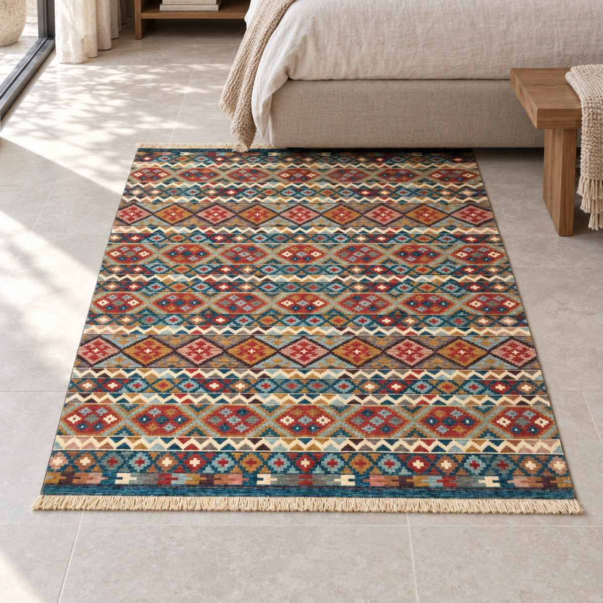 Tapete Buchara Ravena Kilim Turco Tribal Essence Azul Multicolorido Retangular