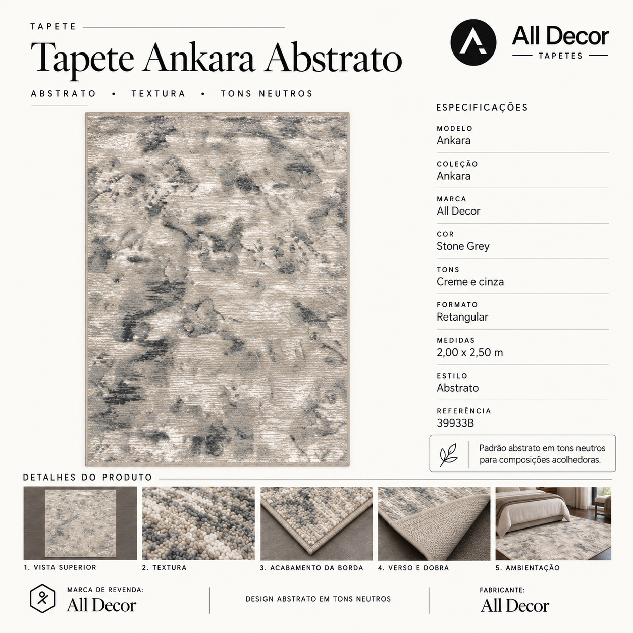 Tapete All Decor Ankara Turco Abstrato Texturizado Stone Grey Creme e Cinza Retangular