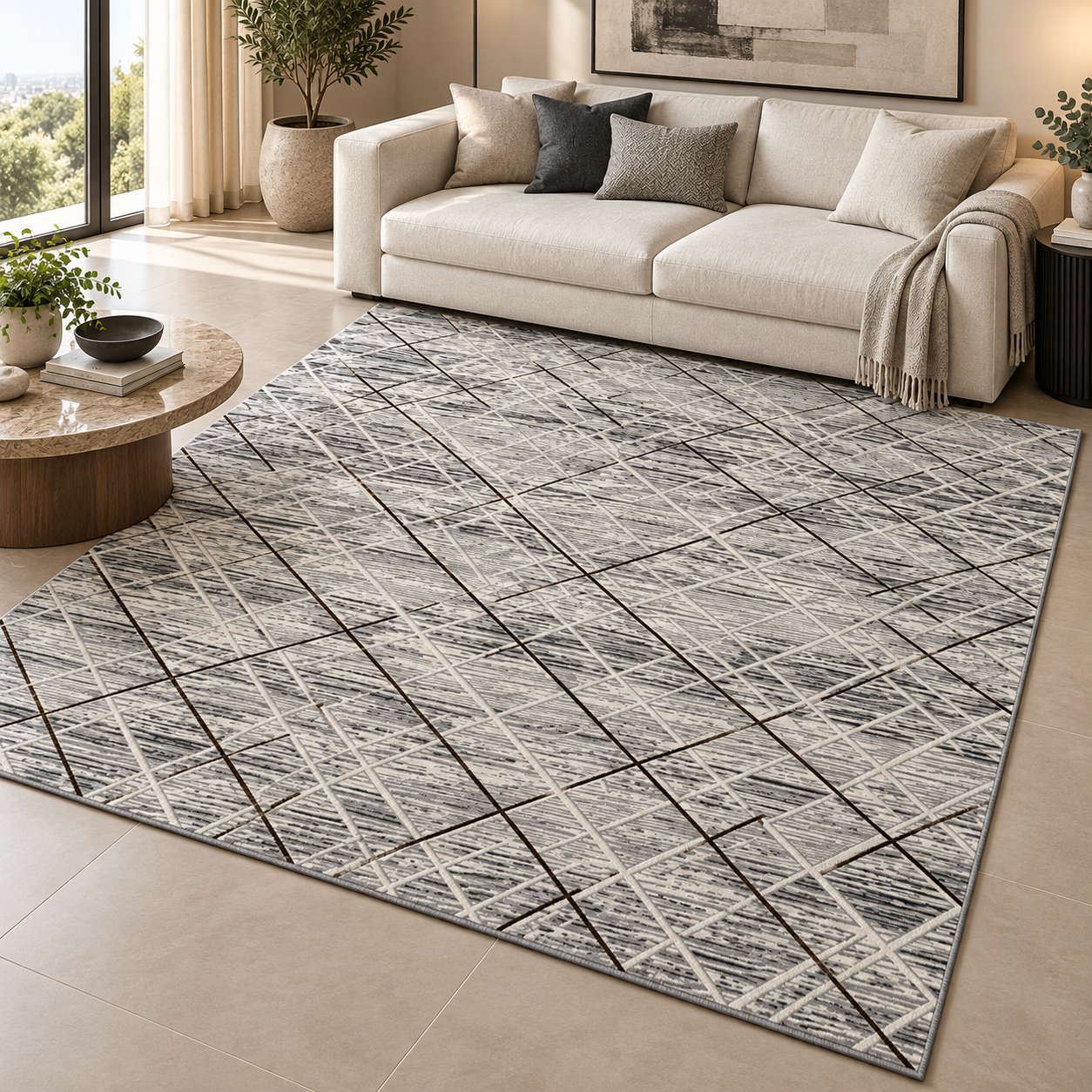 Tapete Edantex Carrara Turco Geométrico Cinza e Off White Retangular