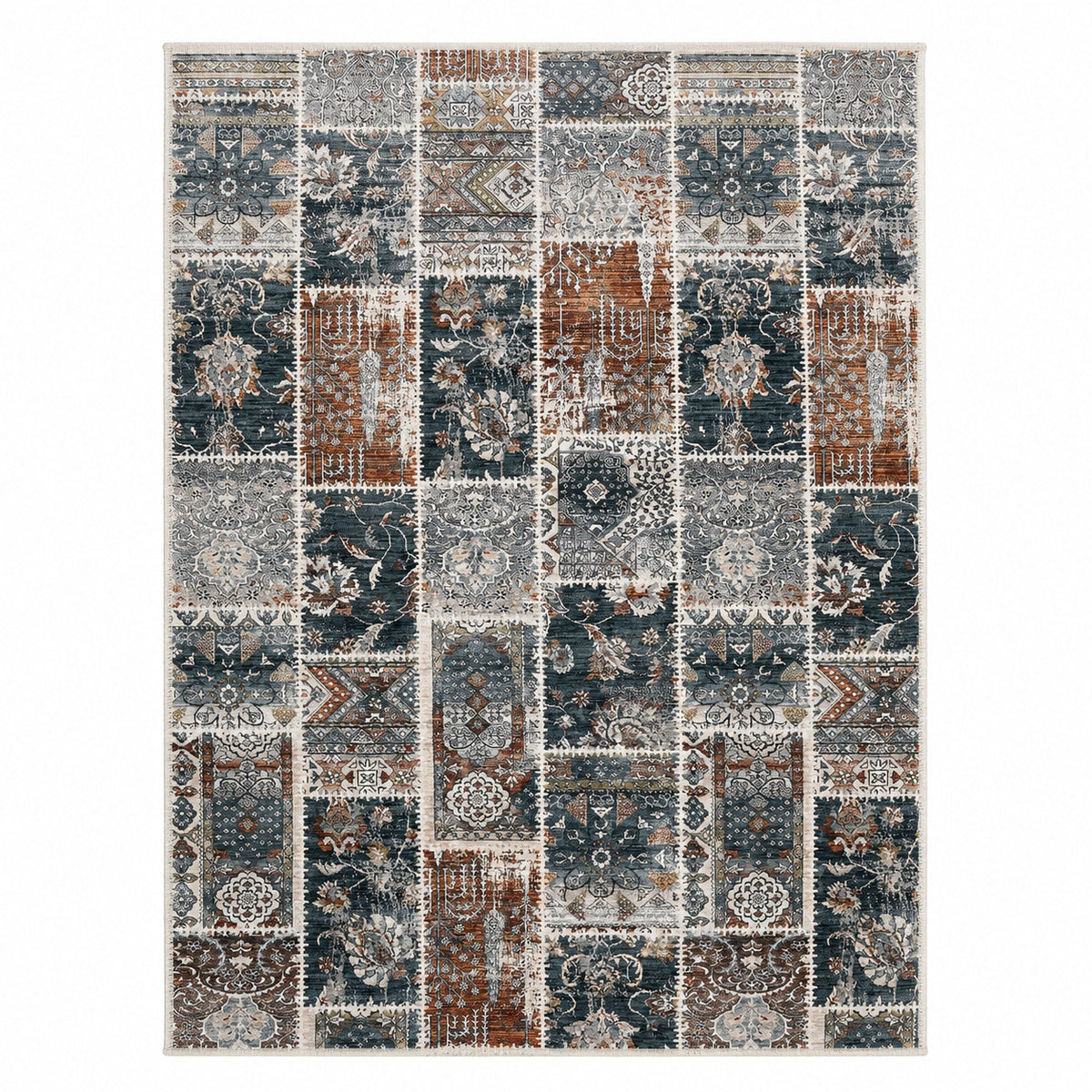Tapete All Decor Mahali Patchwork M. Blue Cream Turco Azul Acinzentado Creme e Ferrugem Retangular