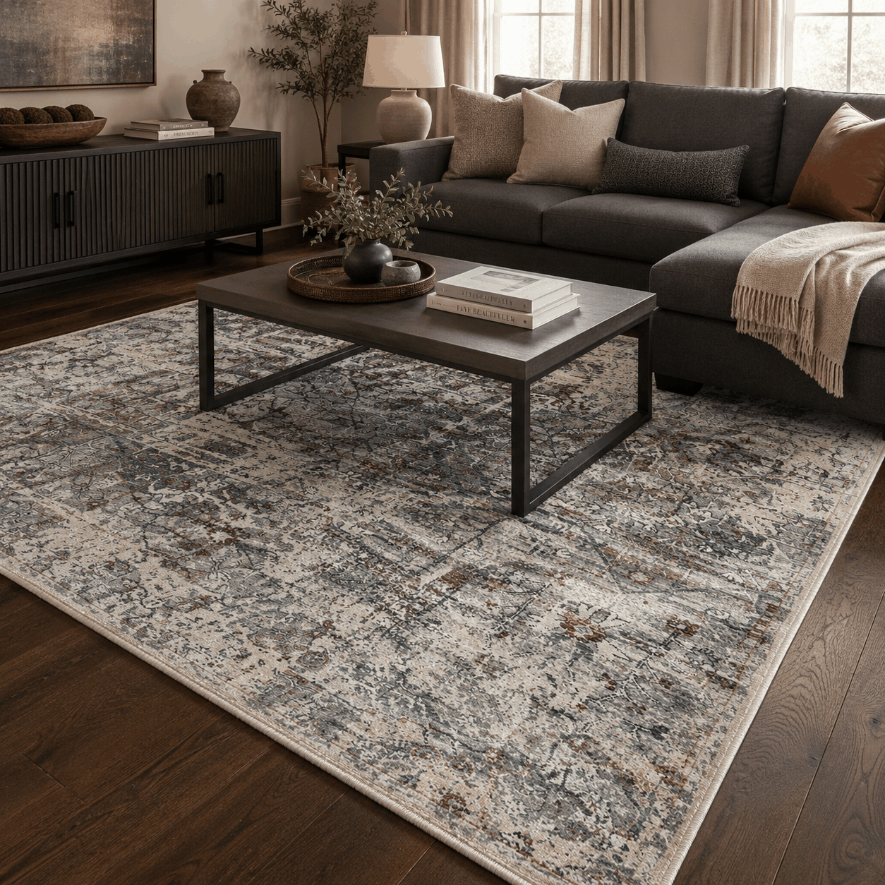 Tapete Mahali Sparta Cream M. Grey Turco Abstrato Vintage Cinza e Creme Retangular