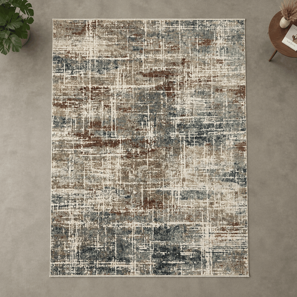 Tapete Mahali Cream Kremit Turco Abstrato Cream Azul Acinzentado Verde Oliva e Terracota Retangular