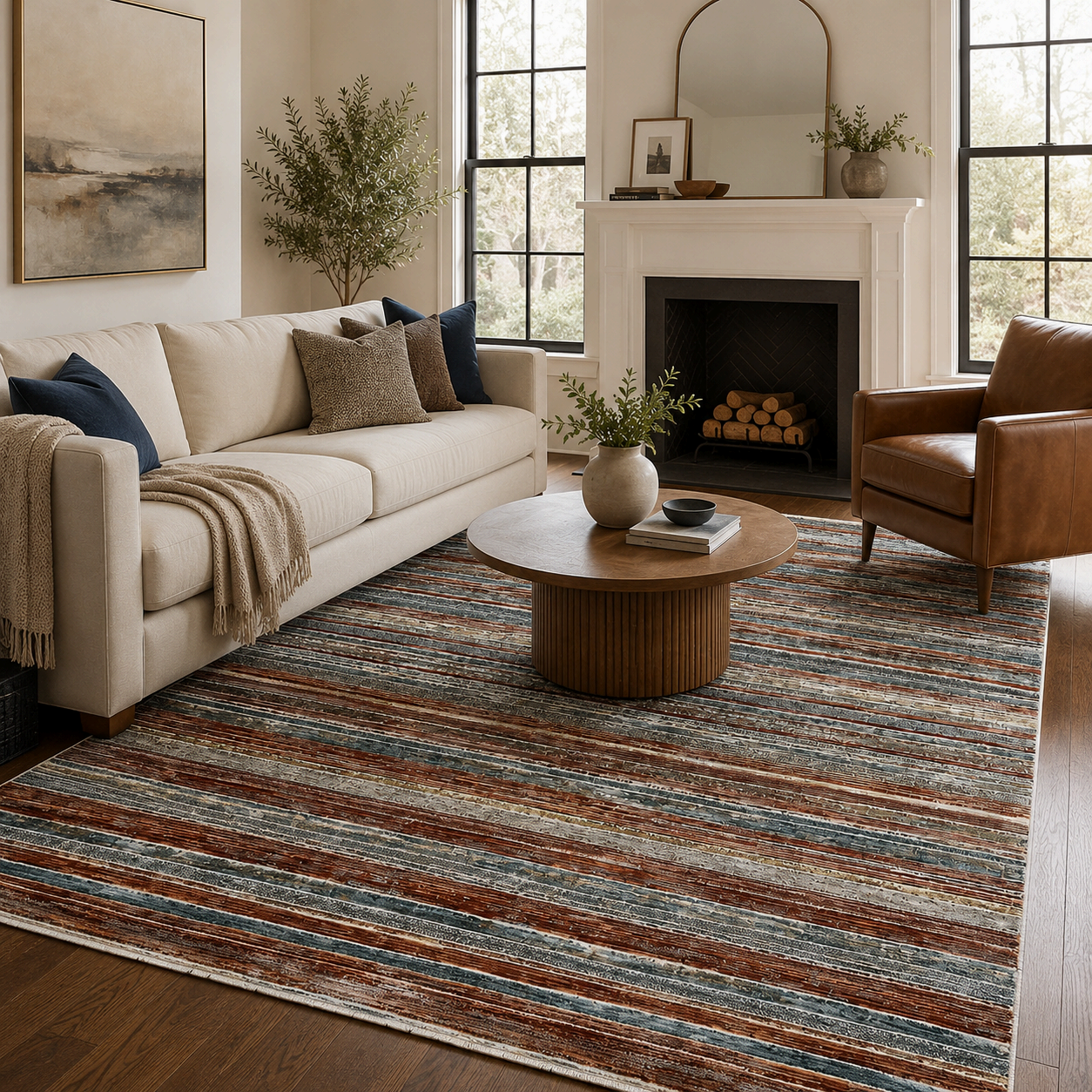 Tapete All Decor Mahali Listrado Blue Cream Turco Azul Creme e Terracota Retangular