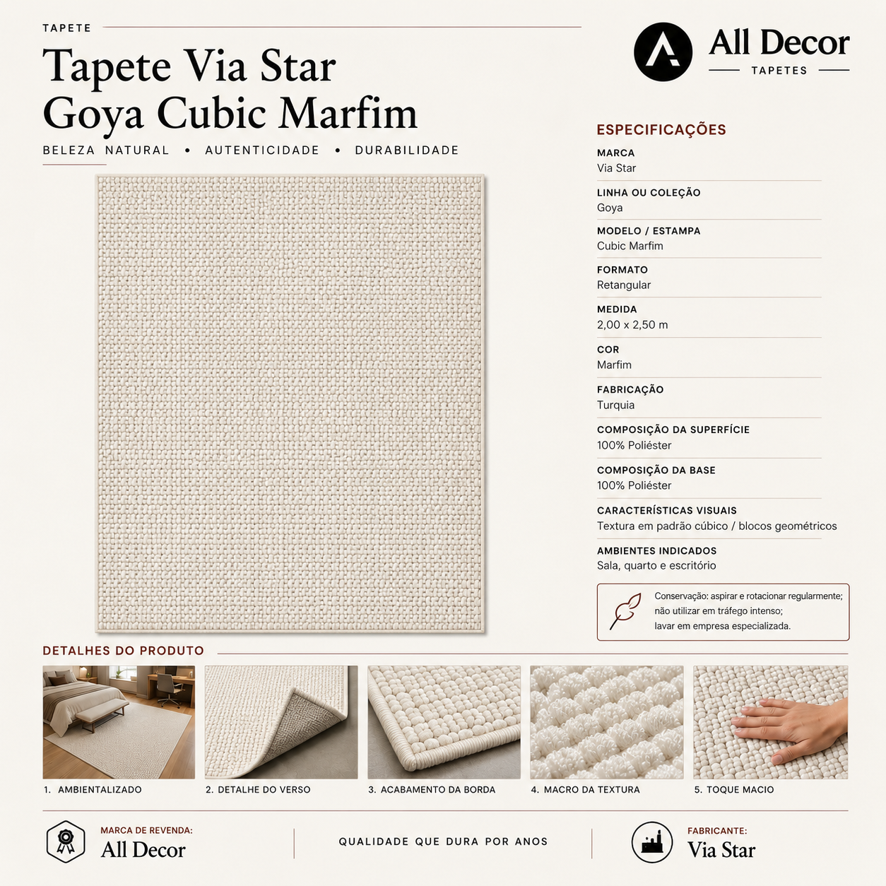 Tapete Via Star Goya Cubic Turco Marfim com Debrum Retangular 2,00 x 2,50 m