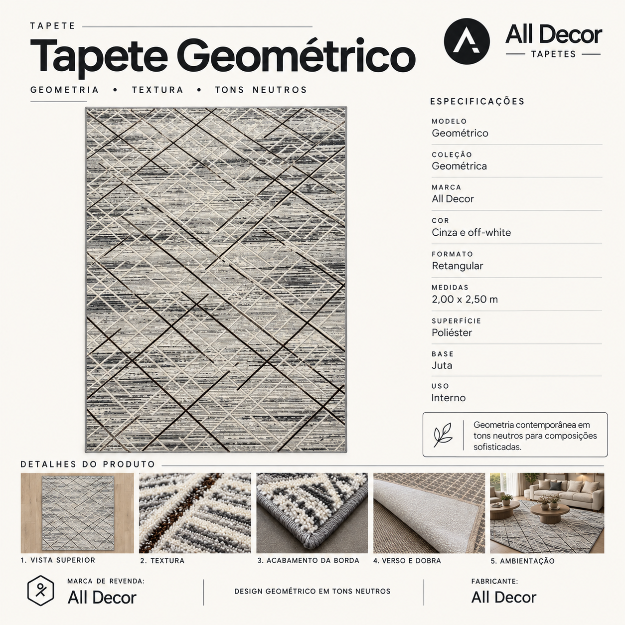Tapete Edantex Carrara Turco Geométrico Cinza e Off White Retangular