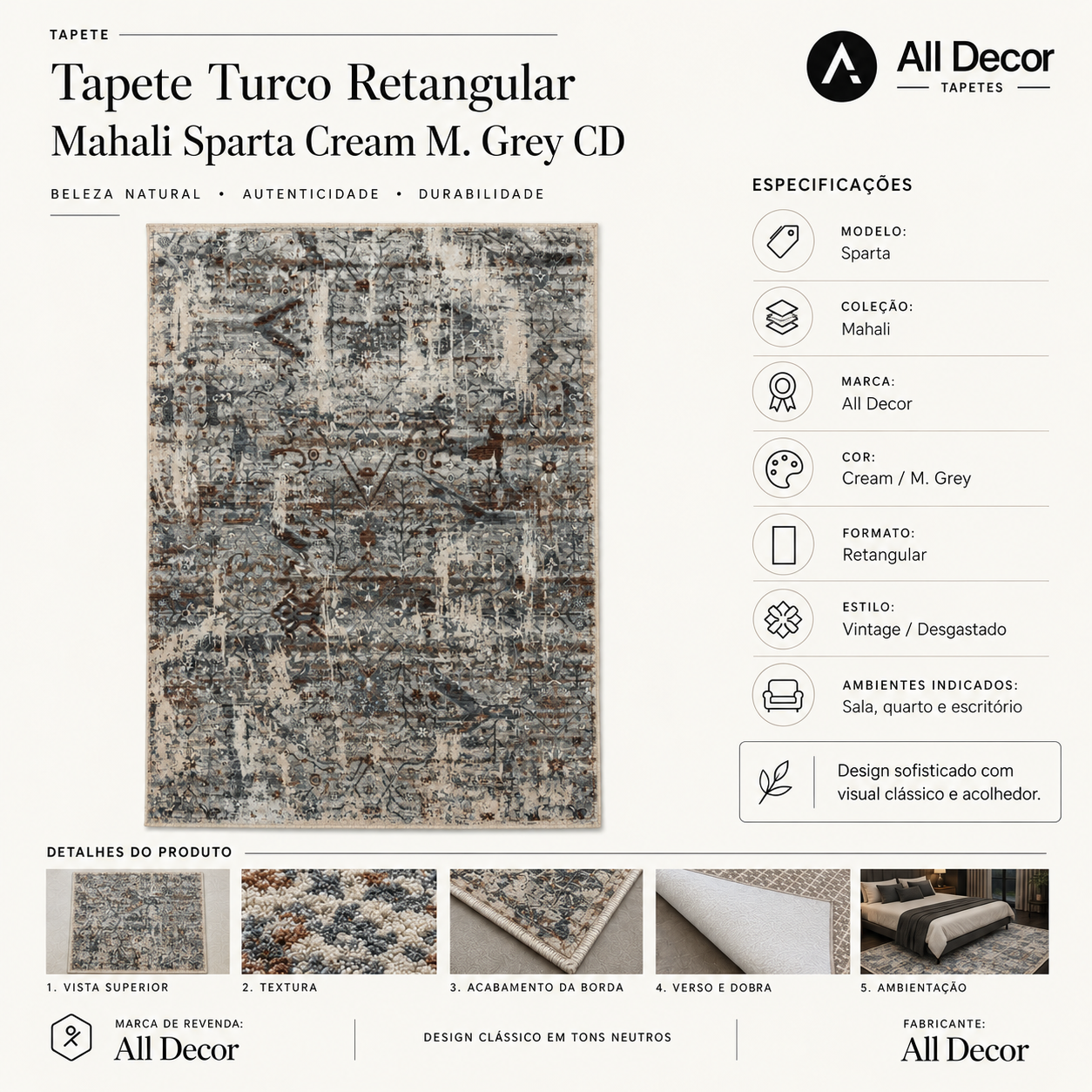 Tapete Mahali Sparta Cream M. Grey Turco Abstrato Vintage Cinza e Creme Retangular