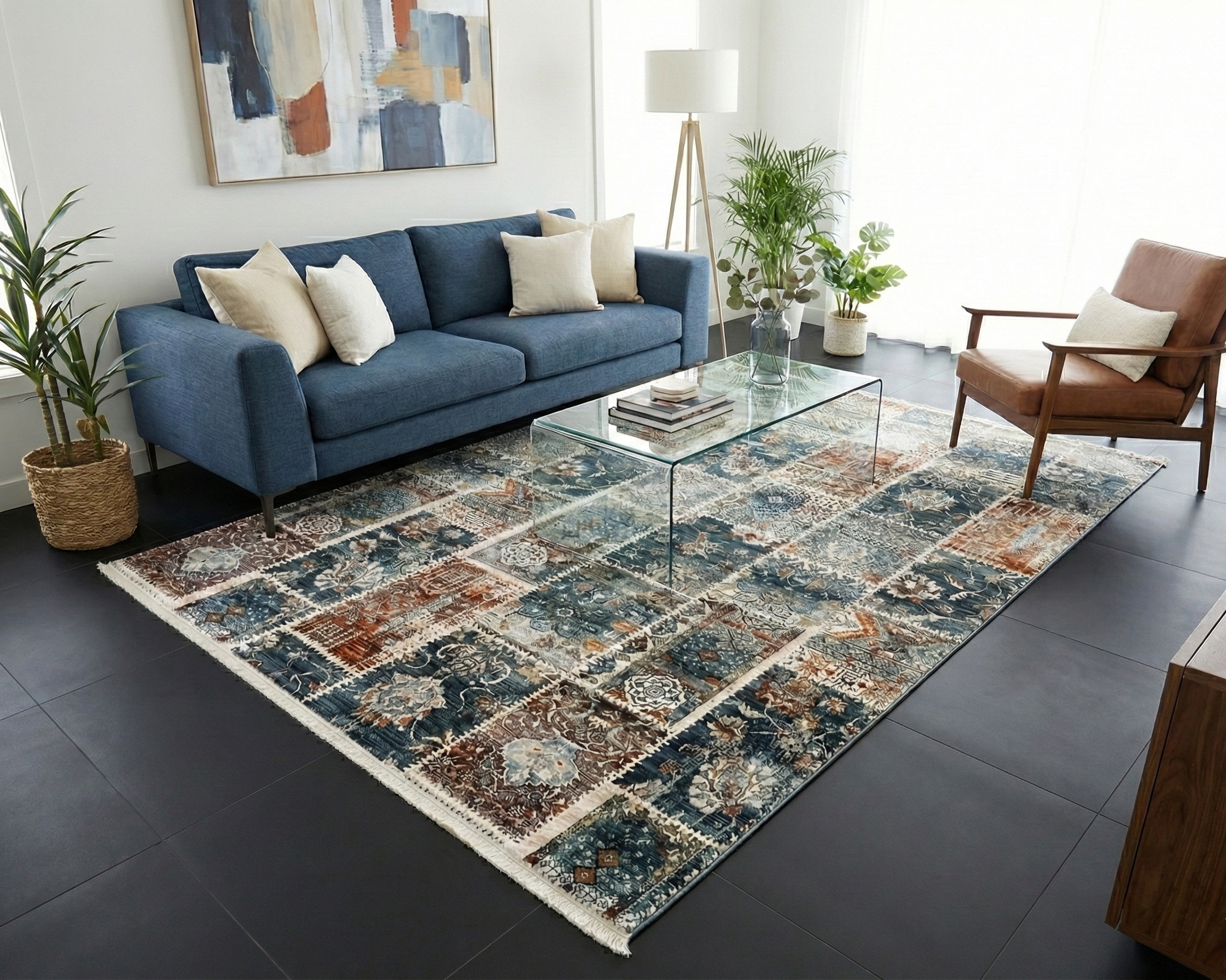 Tapete Turco Retangular Mahali Patchwork M. Blue Cream CD