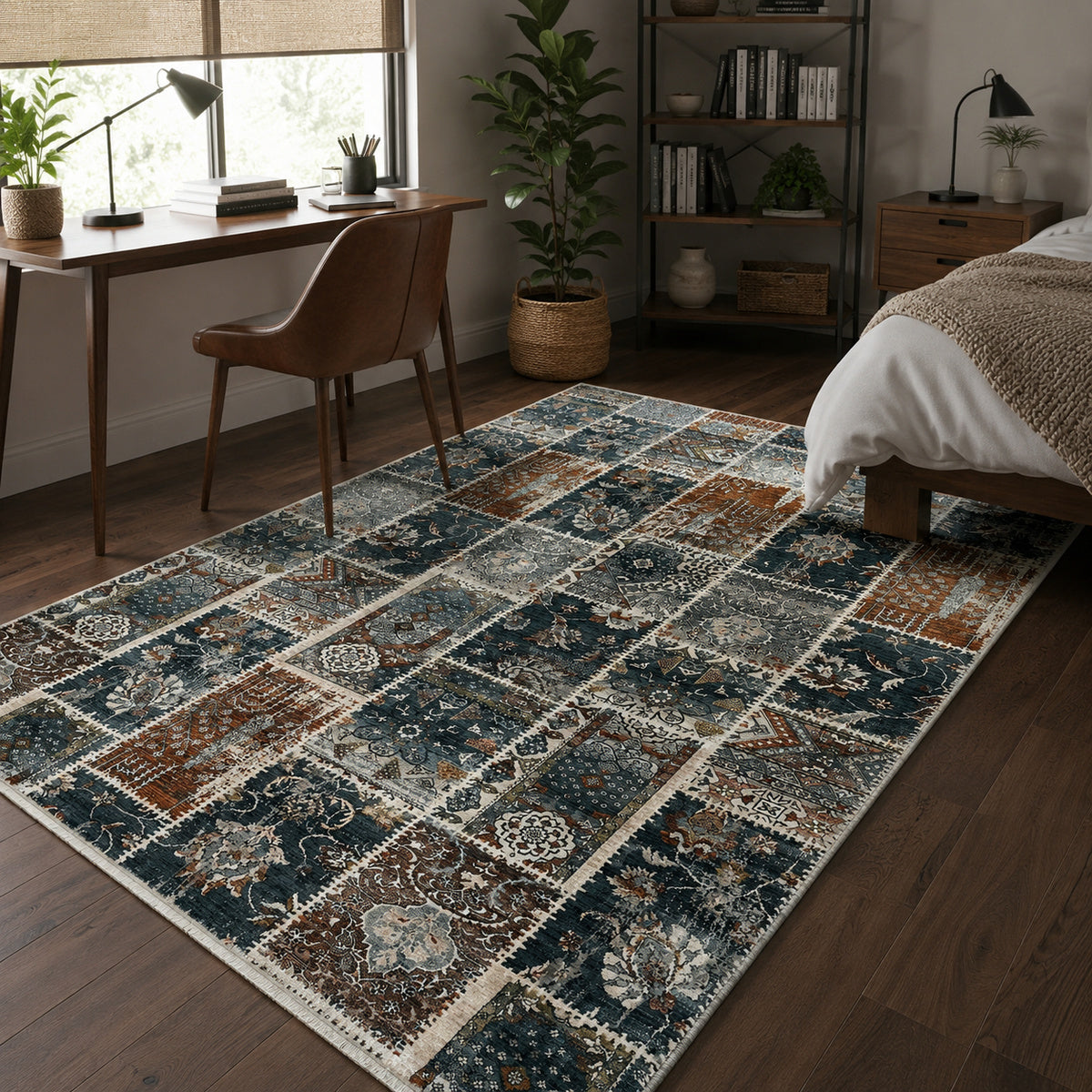 Tapete All Decor Mahali Patchwork M. Blue Cream Turco Azul Acinzentado Creme e Ferrugem Retangular