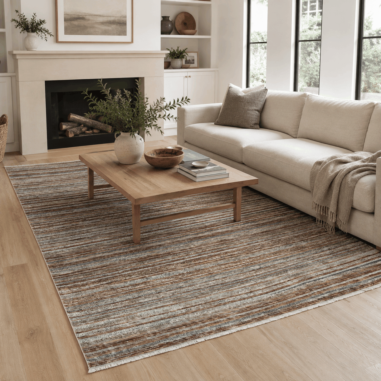 Tapete Mahali Slim Blue Cream Turco Listrado Creme Azul Acinzentado e Terroso Retangular