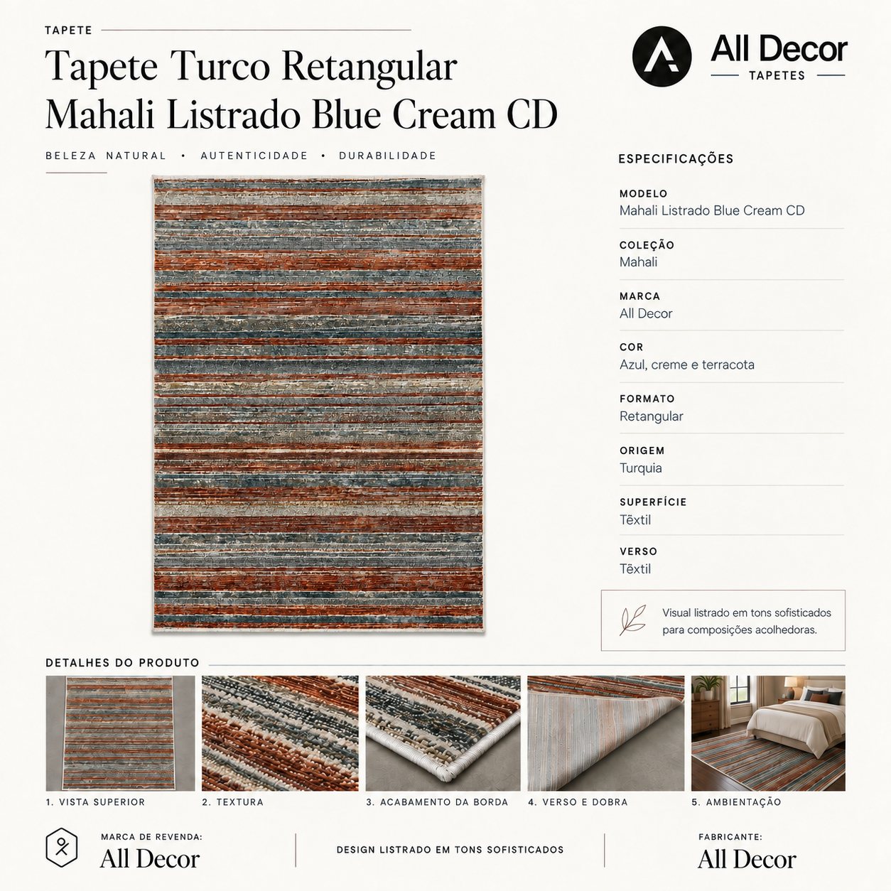 Tapete All Decor Mahali Listrado Blue Cream Turco Azul Creme e Terracota Retangular