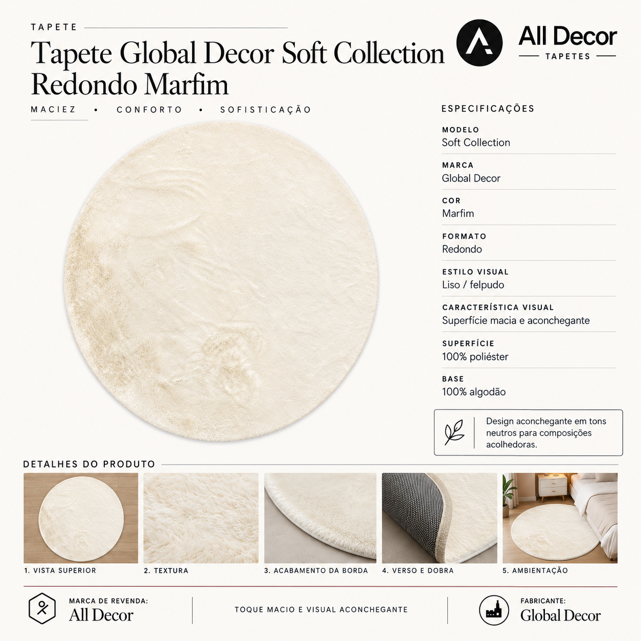 Tapete Global Decor Soft Collection Chinês Marfim Toque de Coelho Redondo 1,40 m