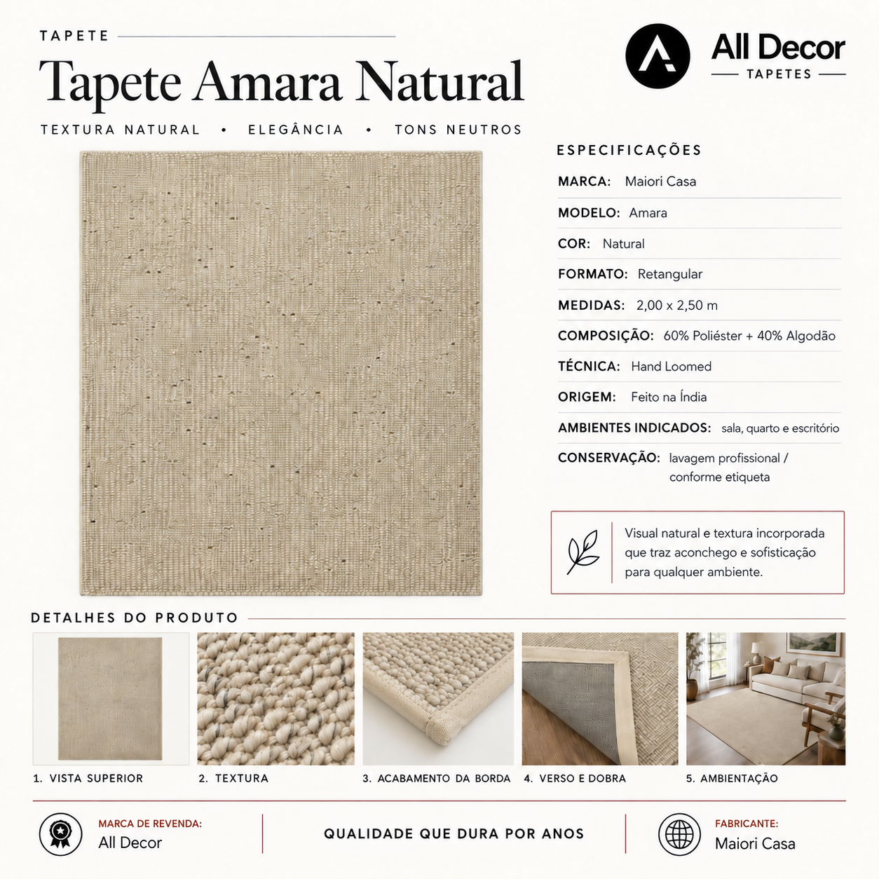 Tapete Maiori Casa Amara Indiano Natural Hand Loomed Retangular 2,00 x 2,50 m
