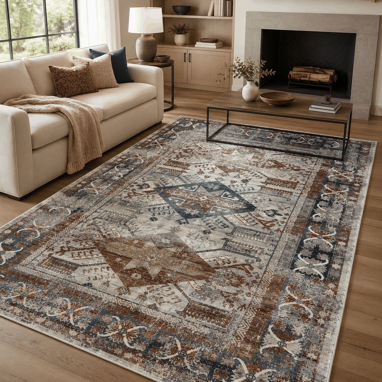 Tapete All Decor Mahali Kazak Turco Clássico Cream e Cinza Retangular