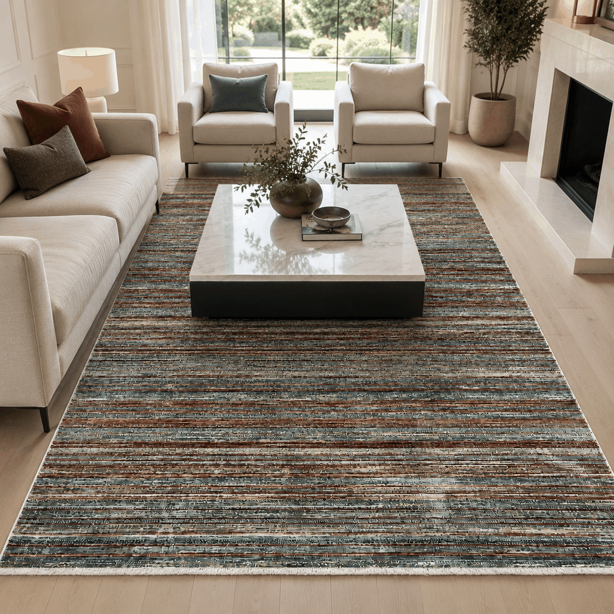 Tapete All Decor Mahali Listrado Slim Terra Cream Turco Terra Creme e Grafite Retangular