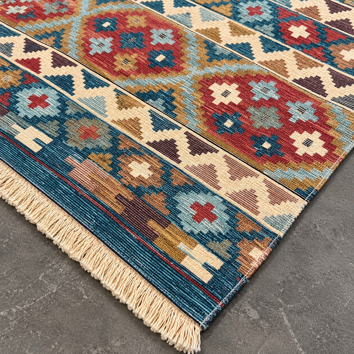 Tapete Buchara Ravena Kilim Turco Tribal Essence Azul Multicolorido Retangular