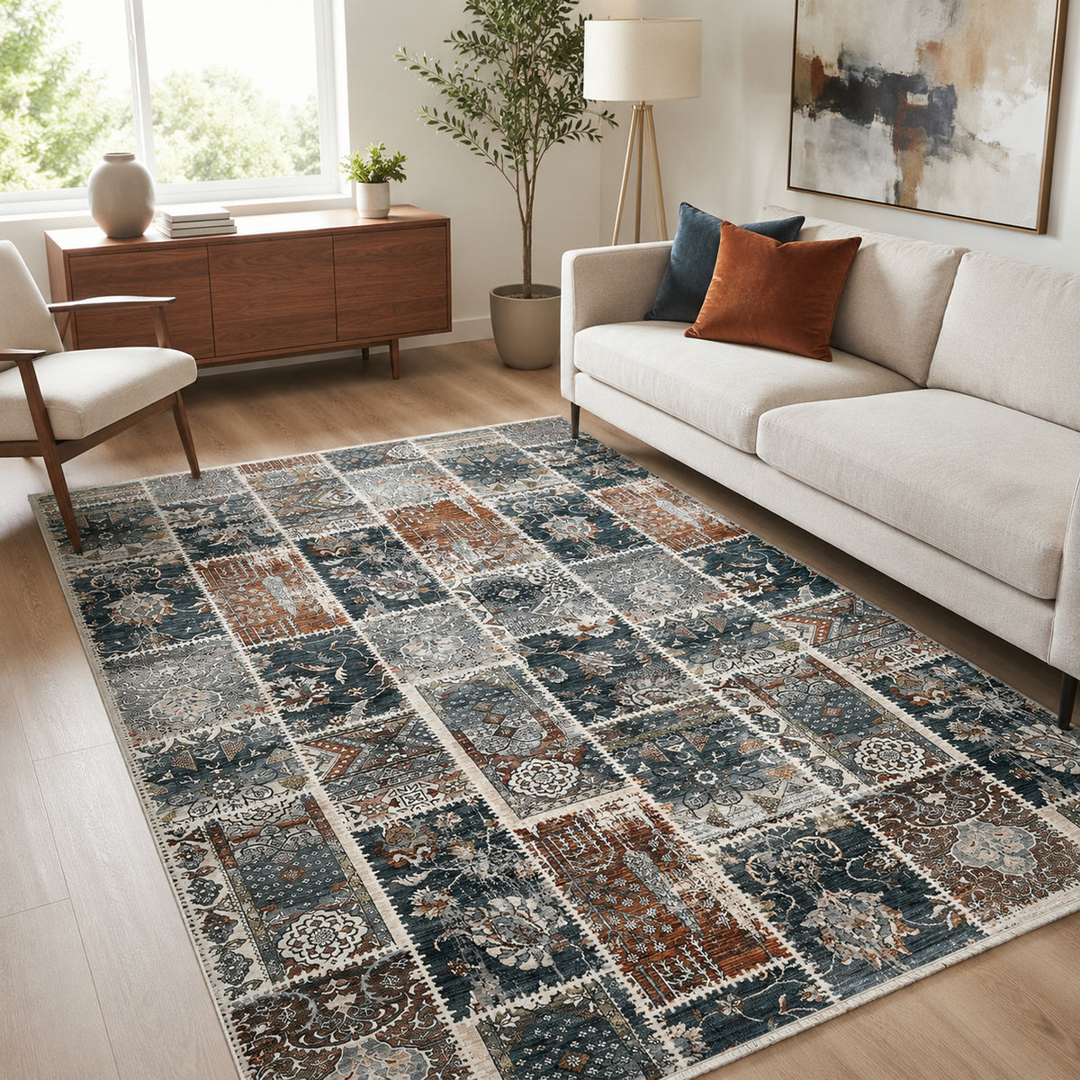 Tapete All Decor Mahali Patchwork M. Blue Cream Turco Azul Acinzentado Creme e Ferrugem Retangular