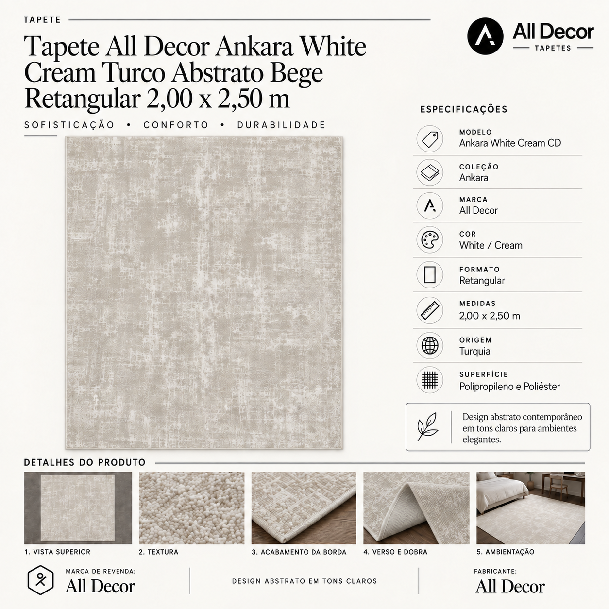 Tapete All Decor Ankara White Cream Turco Abstrato Bege e Creme Retangular