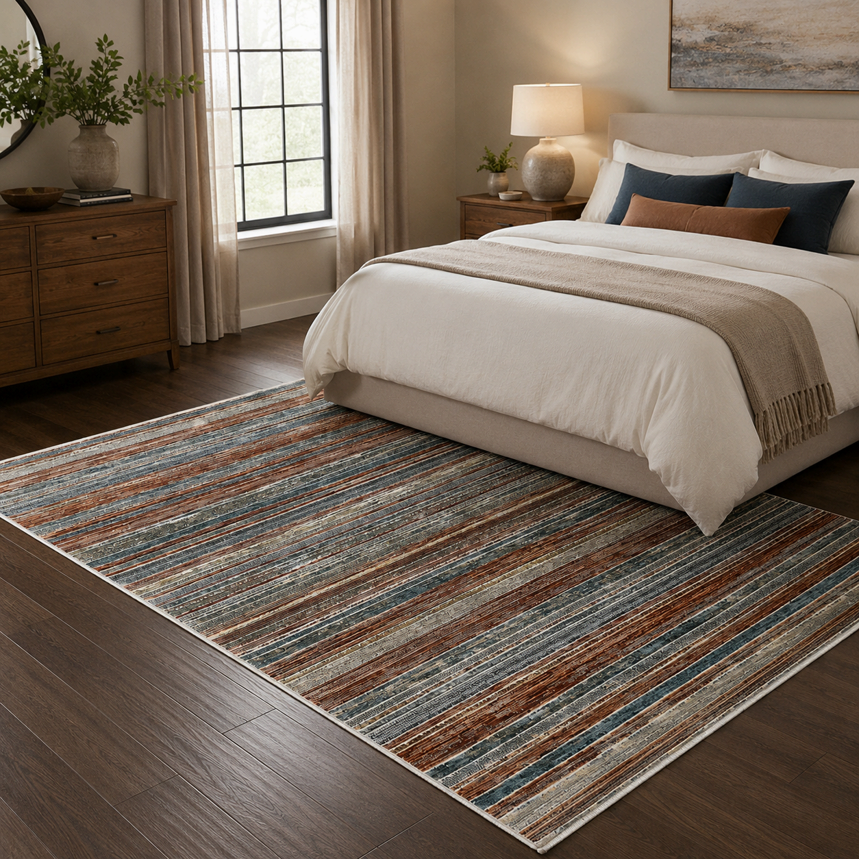 Tapete All Decor Mahali Listrado Blue Cream Turco Azul Creme e Terracota Retangular