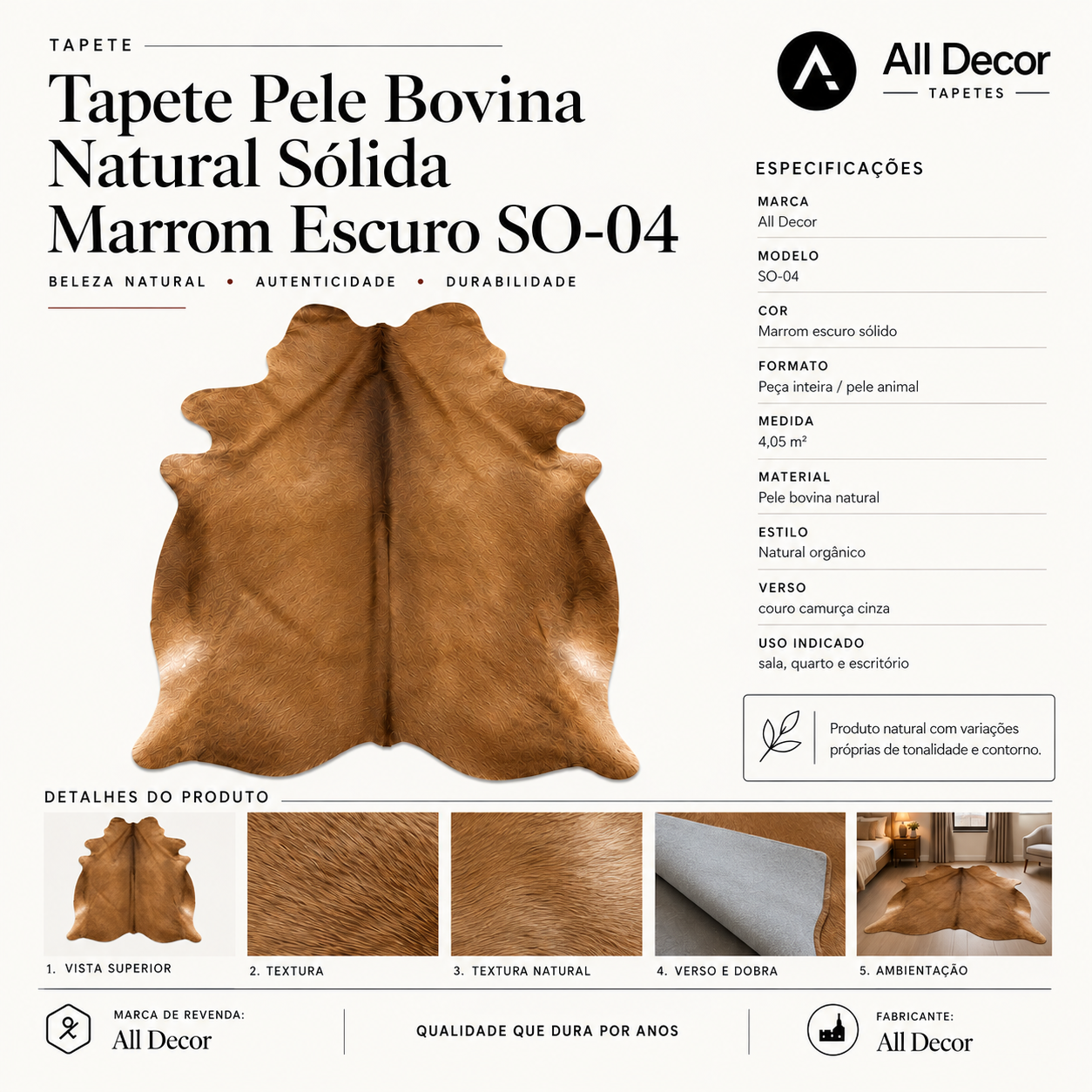 Tapete All Decor Pele Bovina Natural Solid Dark Brown Brasileiro Marrom-Escuro Peça Inteira 4,06 m²
