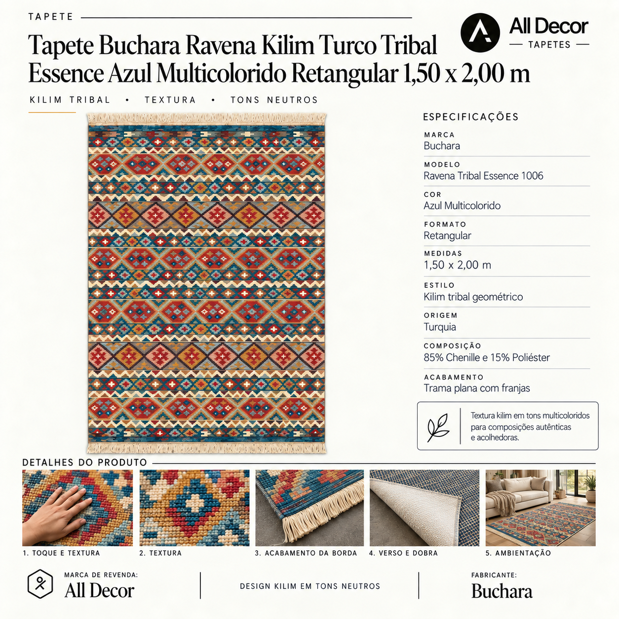 Tapete Buchara Ravena Kilim Turco Tribal Essence Azul Multicolorido Retangular