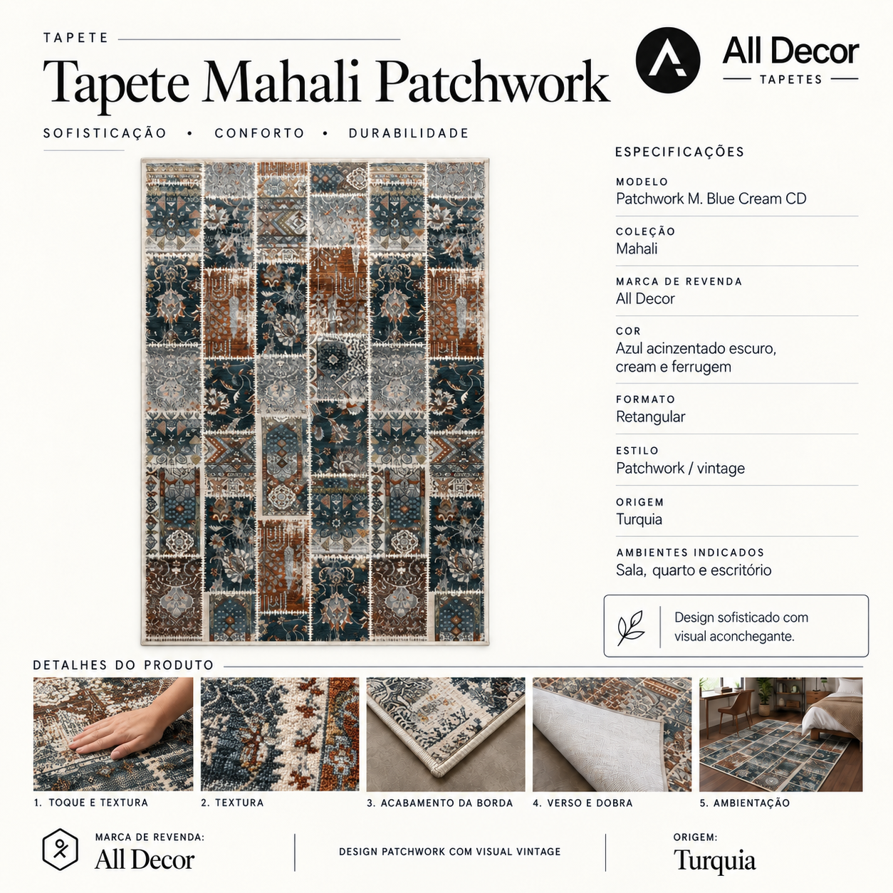 Tapete All Decor Mahali Patchwork M. Blue Cream Turco Azul Acinzentado Creme e Ferrugem Retangular