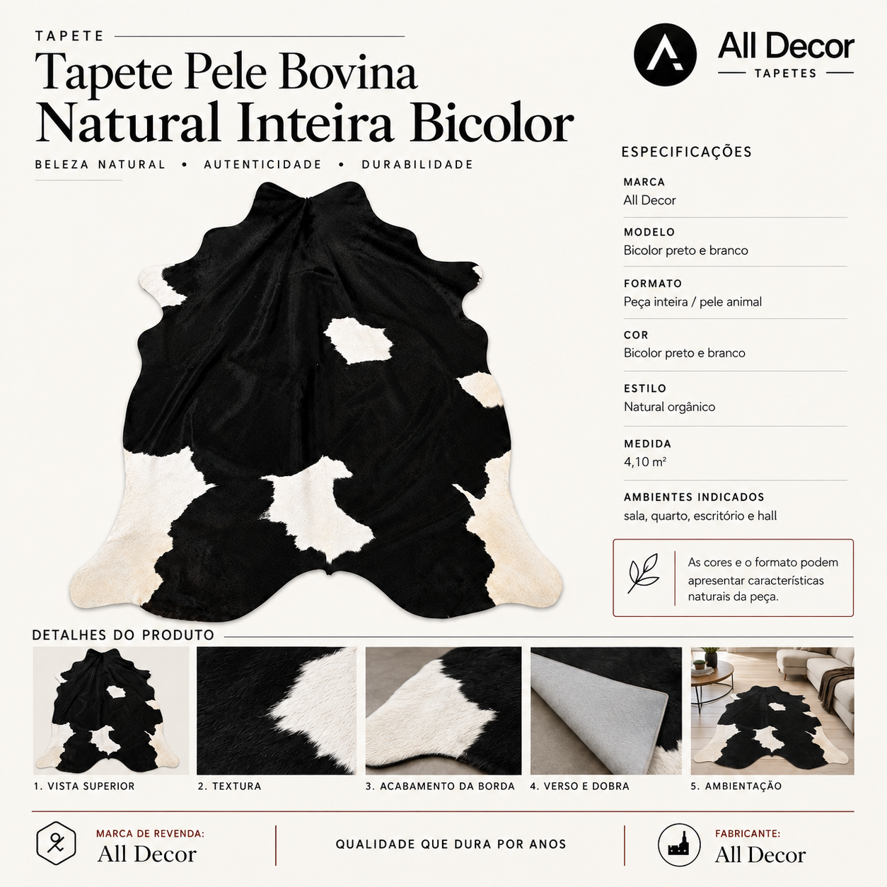 Tapete All Decor Pele Bovina Natural Bicolor Brasileiro Preto e Branco Peça Inteira 4,10 m²