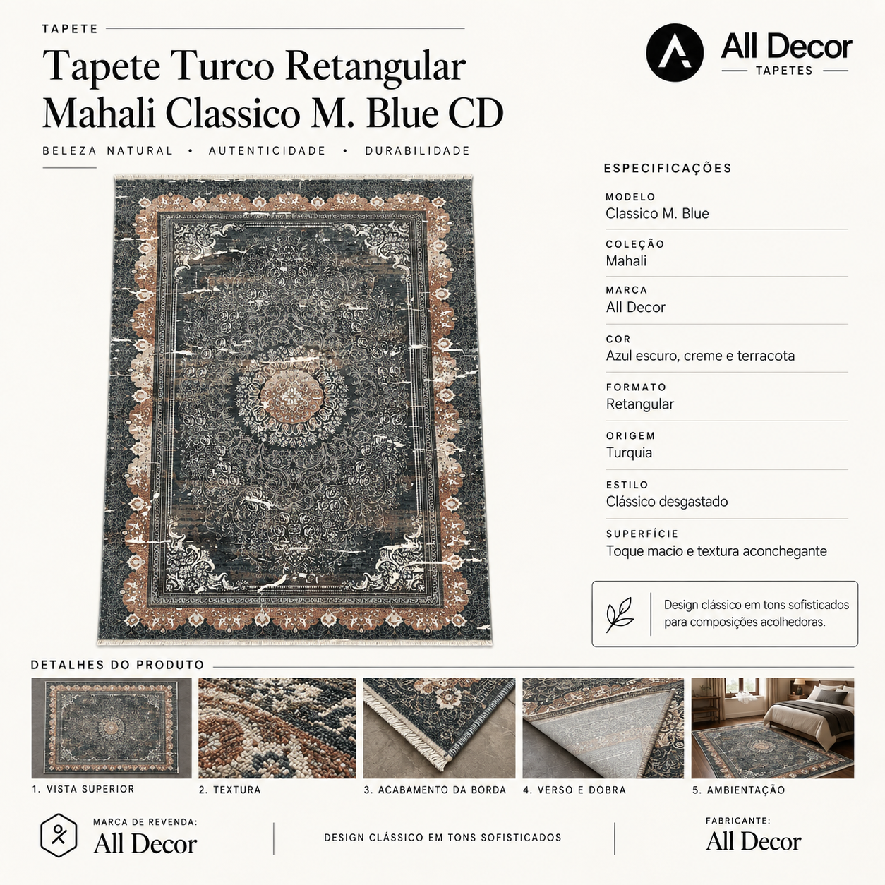 Tapete Mahali Classico M. Blue Turco Clássico Desgastado Azul Escuro Creme e Terracota Retangular